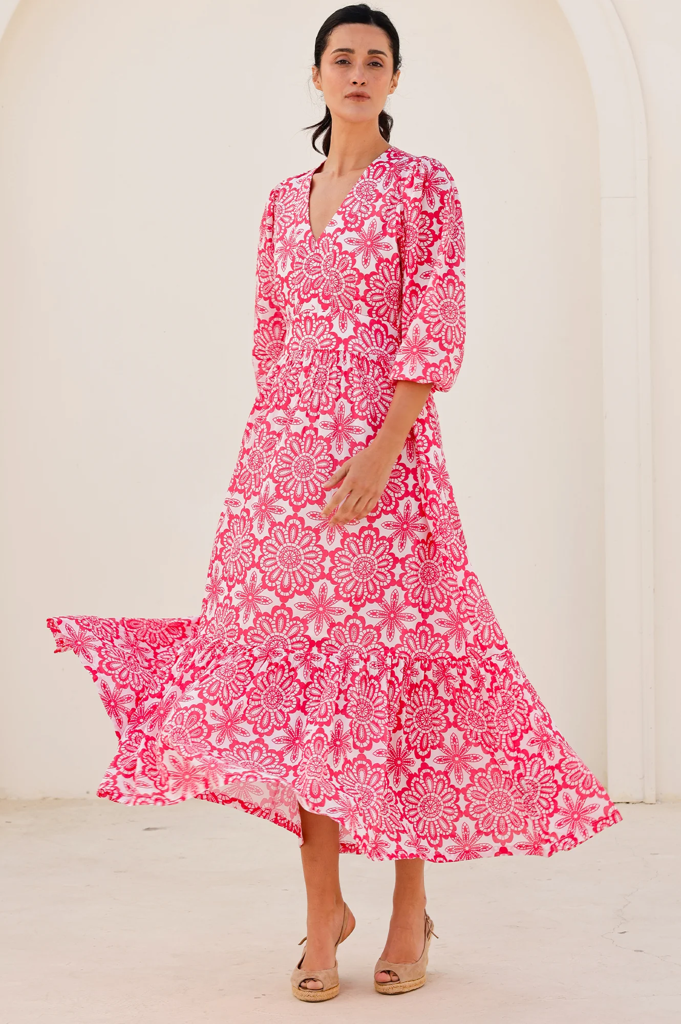 Annie Maxi Organic Cotton Dress | Lace Floral White/Pink - Image 3