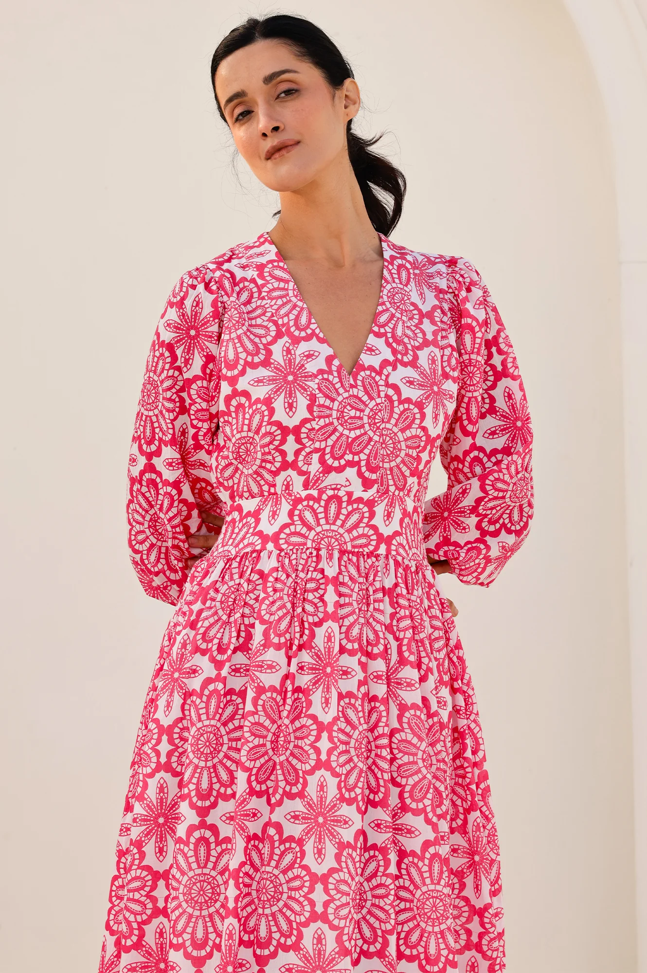 Annie Maxi Organic Cotton Dress | Lace Floral White/Pink - Image 4