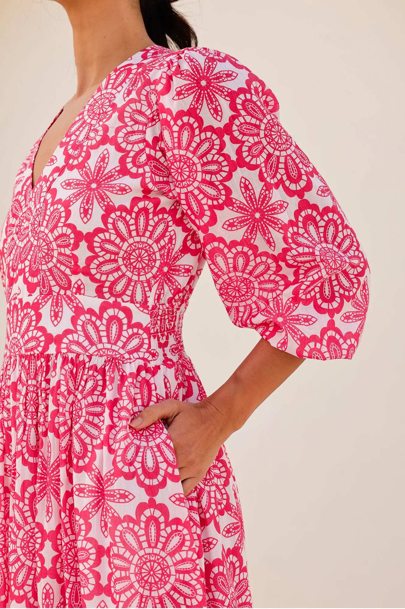 Annie Maxi Organic Cotton Dress | Lace Floral White/Pink - Image 5