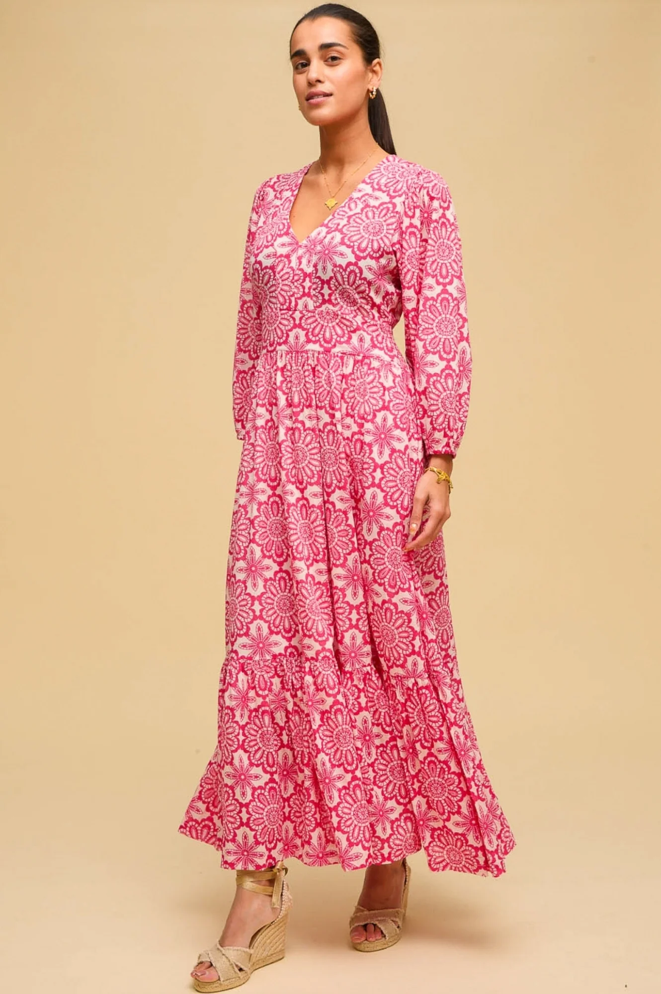 Annie Maxi Organic Cotton Dress | Lace Floral White/Pink - Image 6