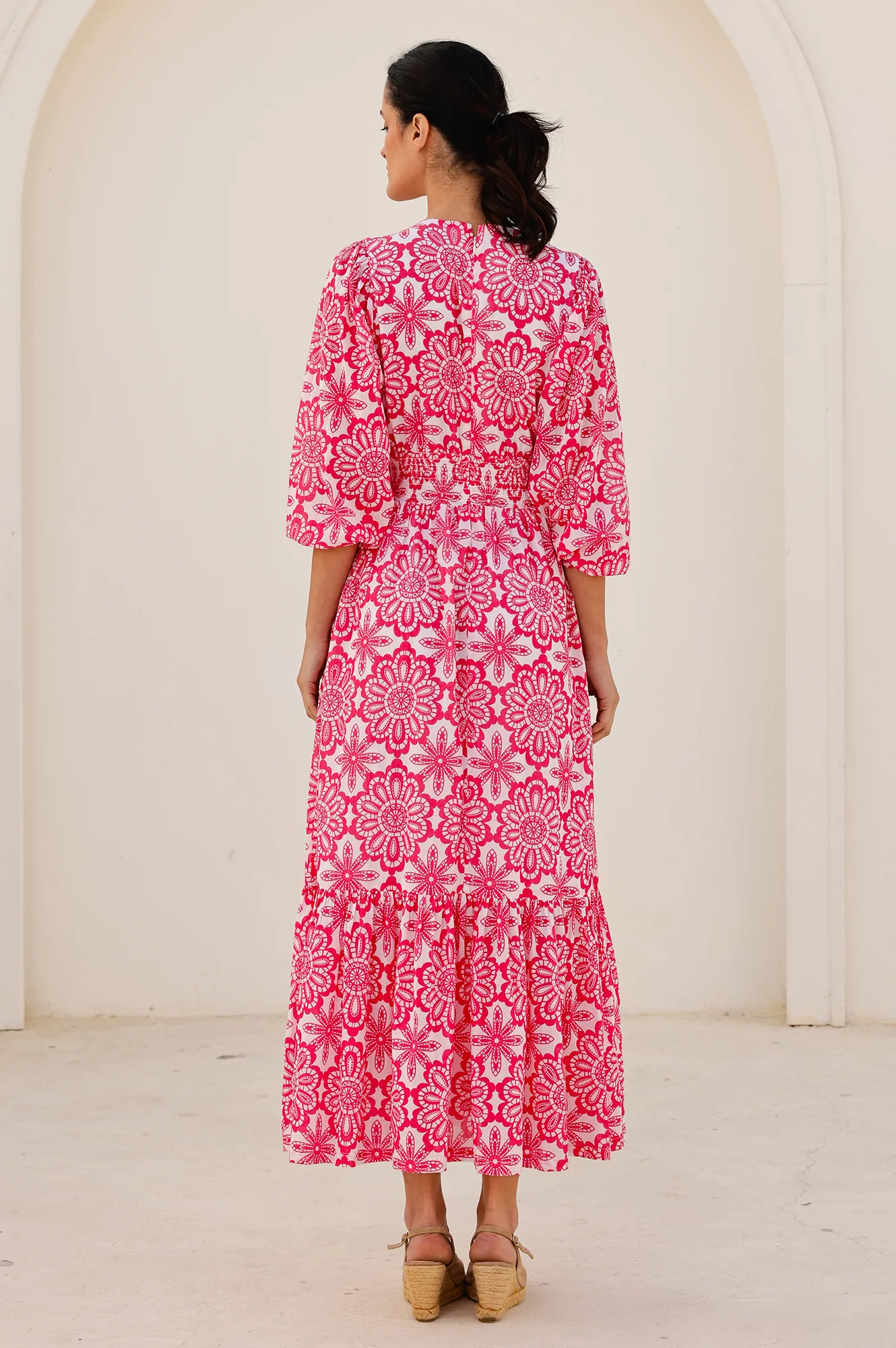 Annie Maxi Organic Cotton Dress | Lace Floral White/Pink - Image 8