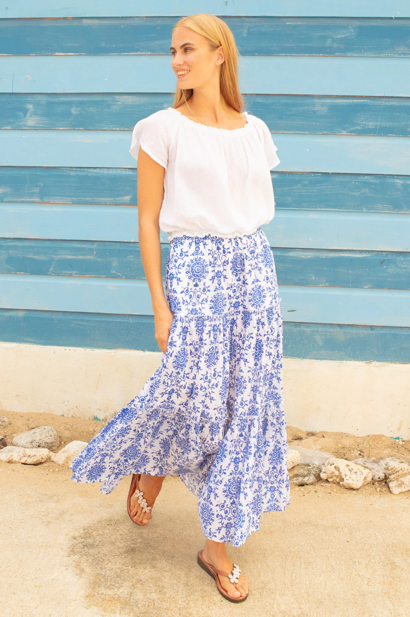 Becks Organic Cotton Block Print Skirt | Geo White/Cobalt - Image 6