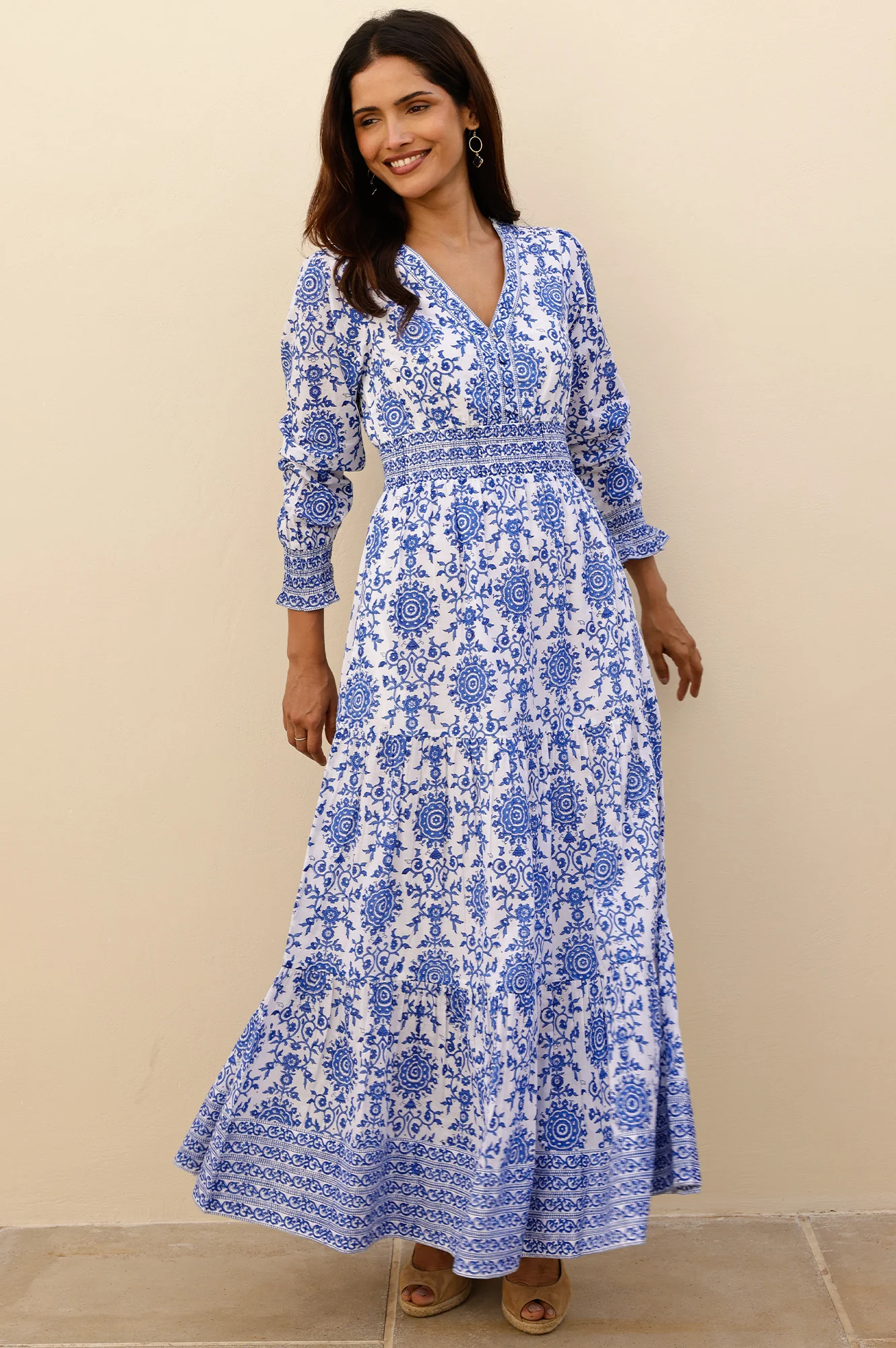 Billie Block Print Organic Cotton Dress | White/Cobalt - Image 3
