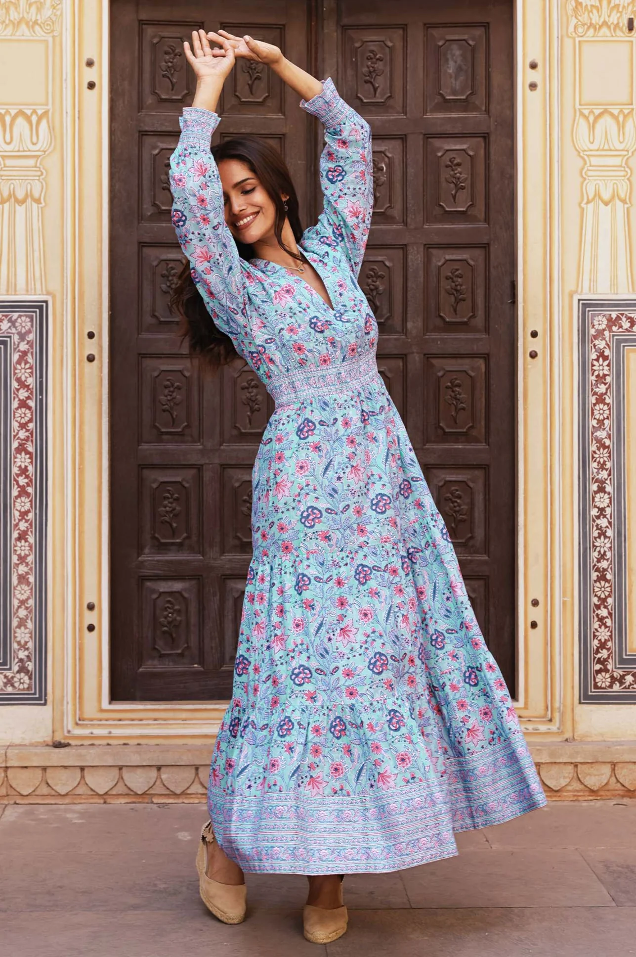 Billie Organic Cotton Block Print Dress | Gardenia Blue/Red - Image 3