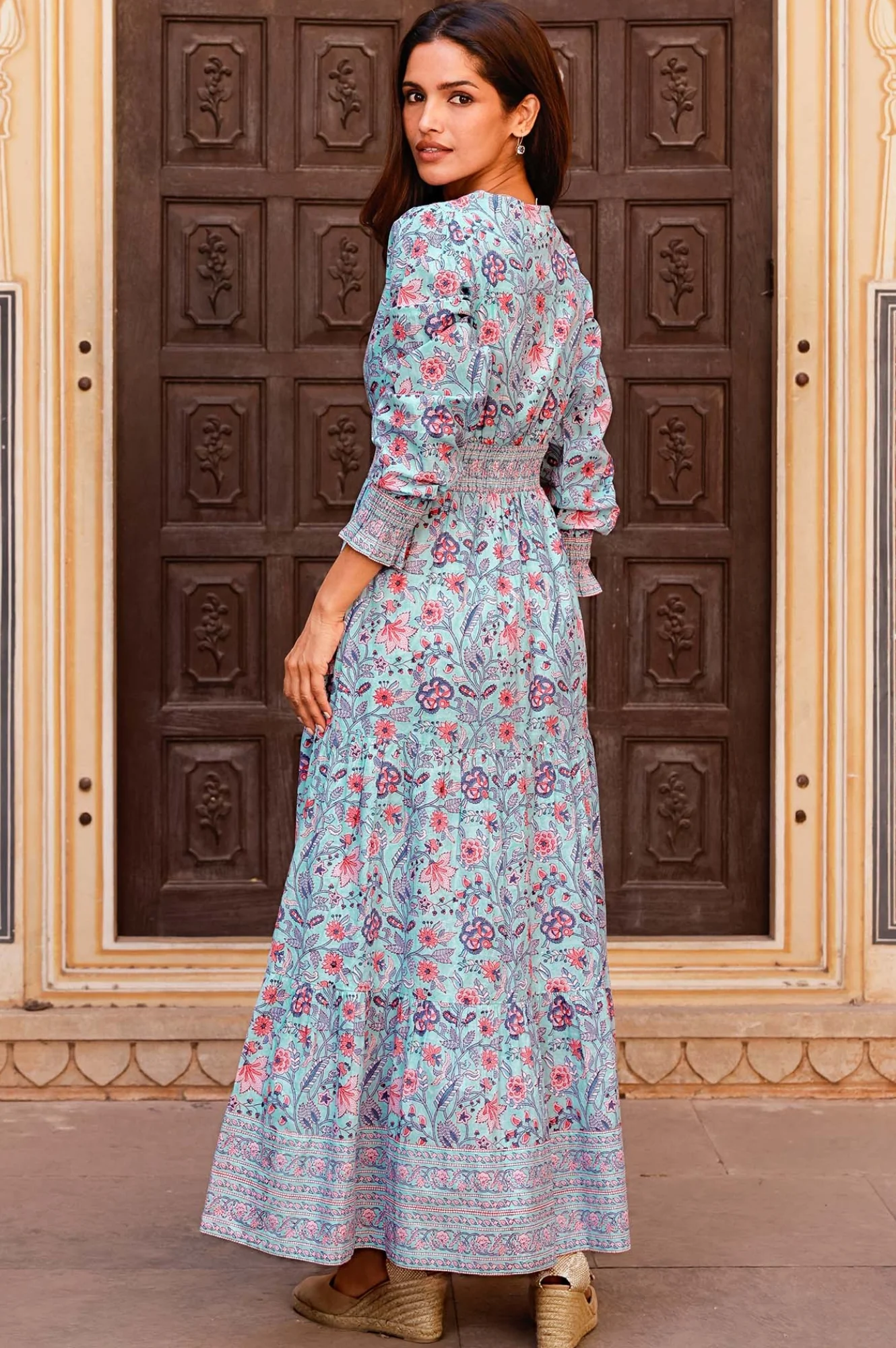 Billie Organic Cotton Block Print Dress | Gardenia Blue/Red - Image 6