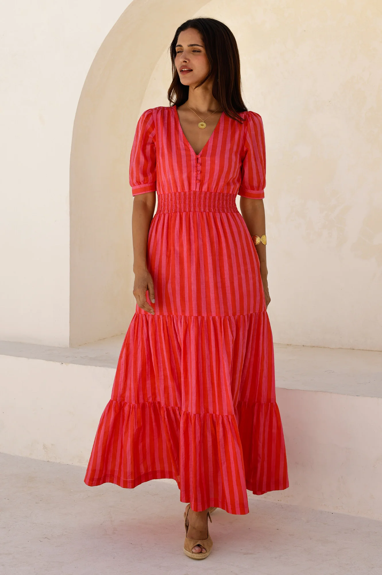 Billie Short Sleeve Organic Cotton Dress | Red/Pink - Image 3