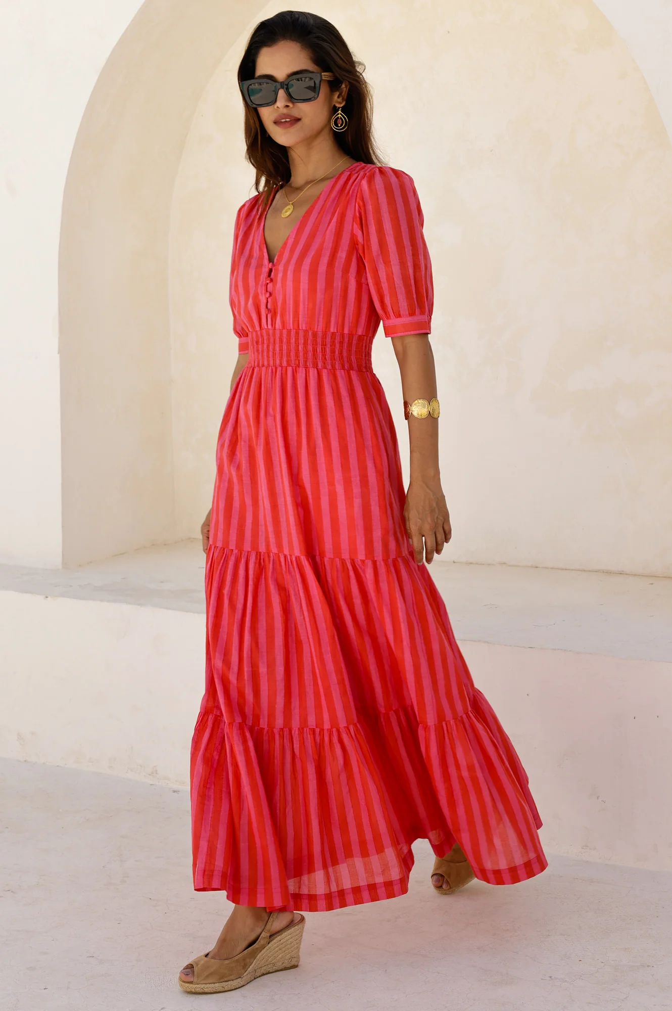 Billie Short Sleeve Organic Cotton Dress | Red/Pink - Image 4