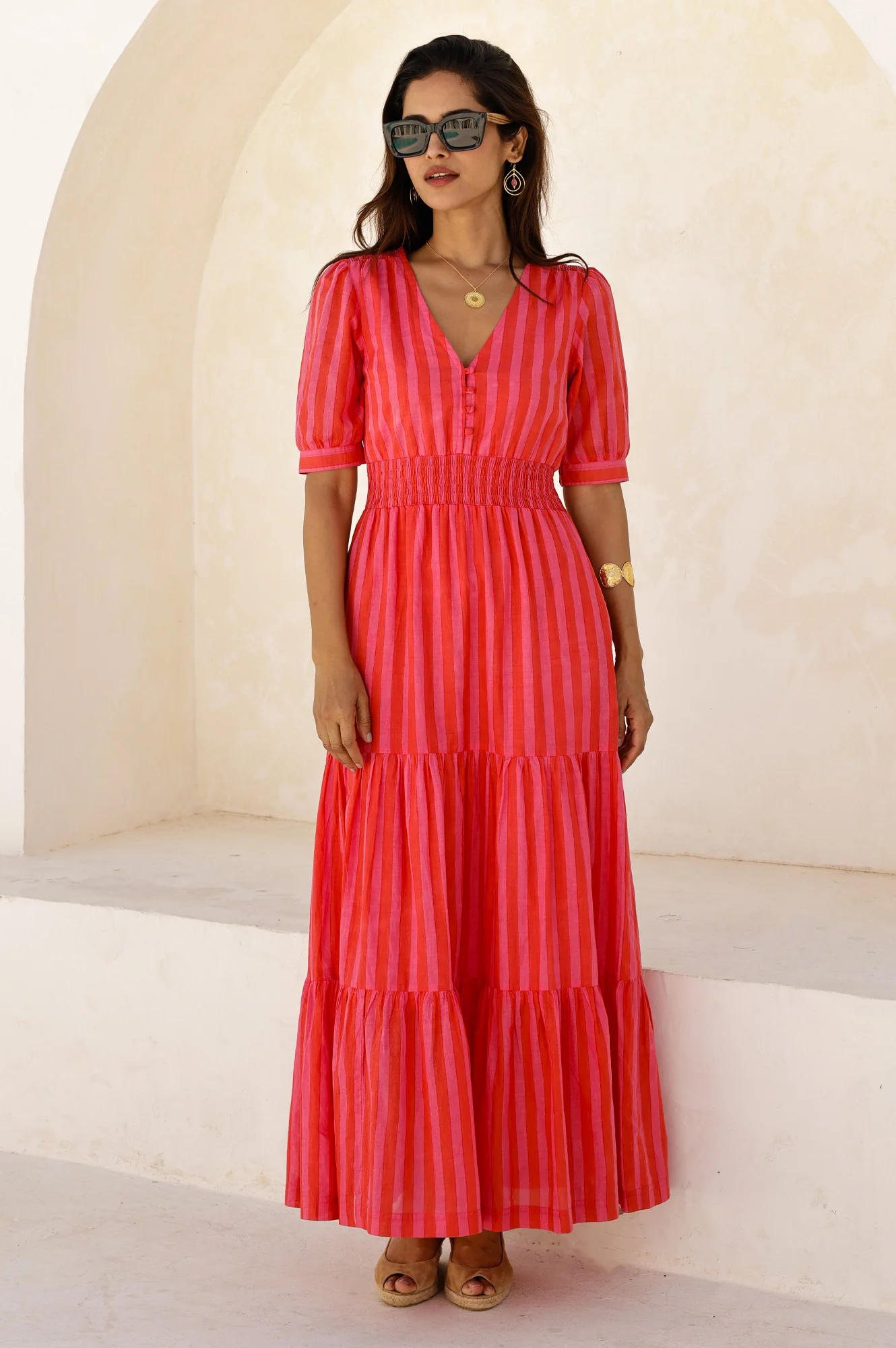 Billie Short Sleeve Organic Cotton Dress | Red/Pink - Image 5