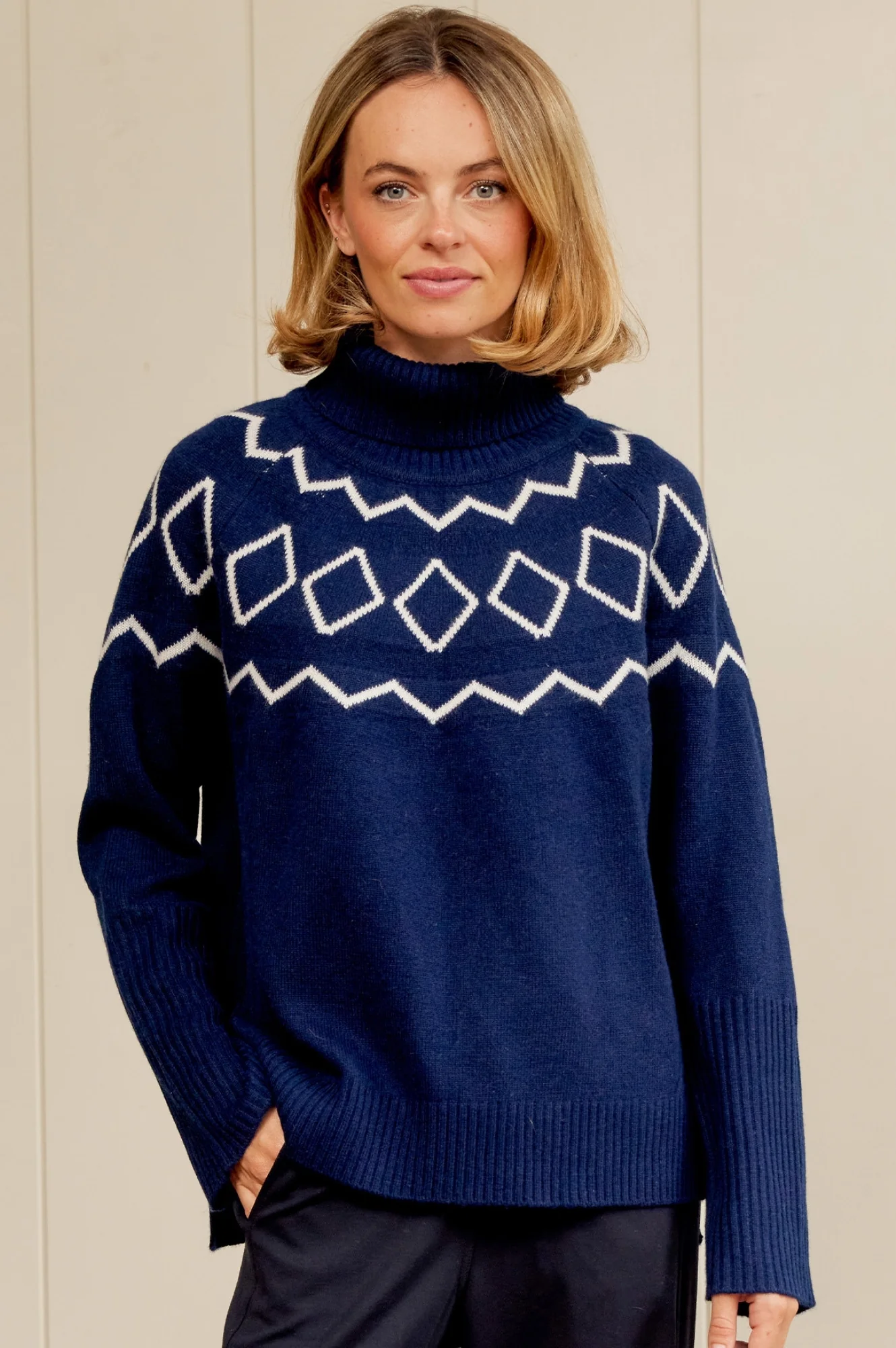 Cashmere Blend Geo Fairisle Roll Neck Jumper | Navy/Cream