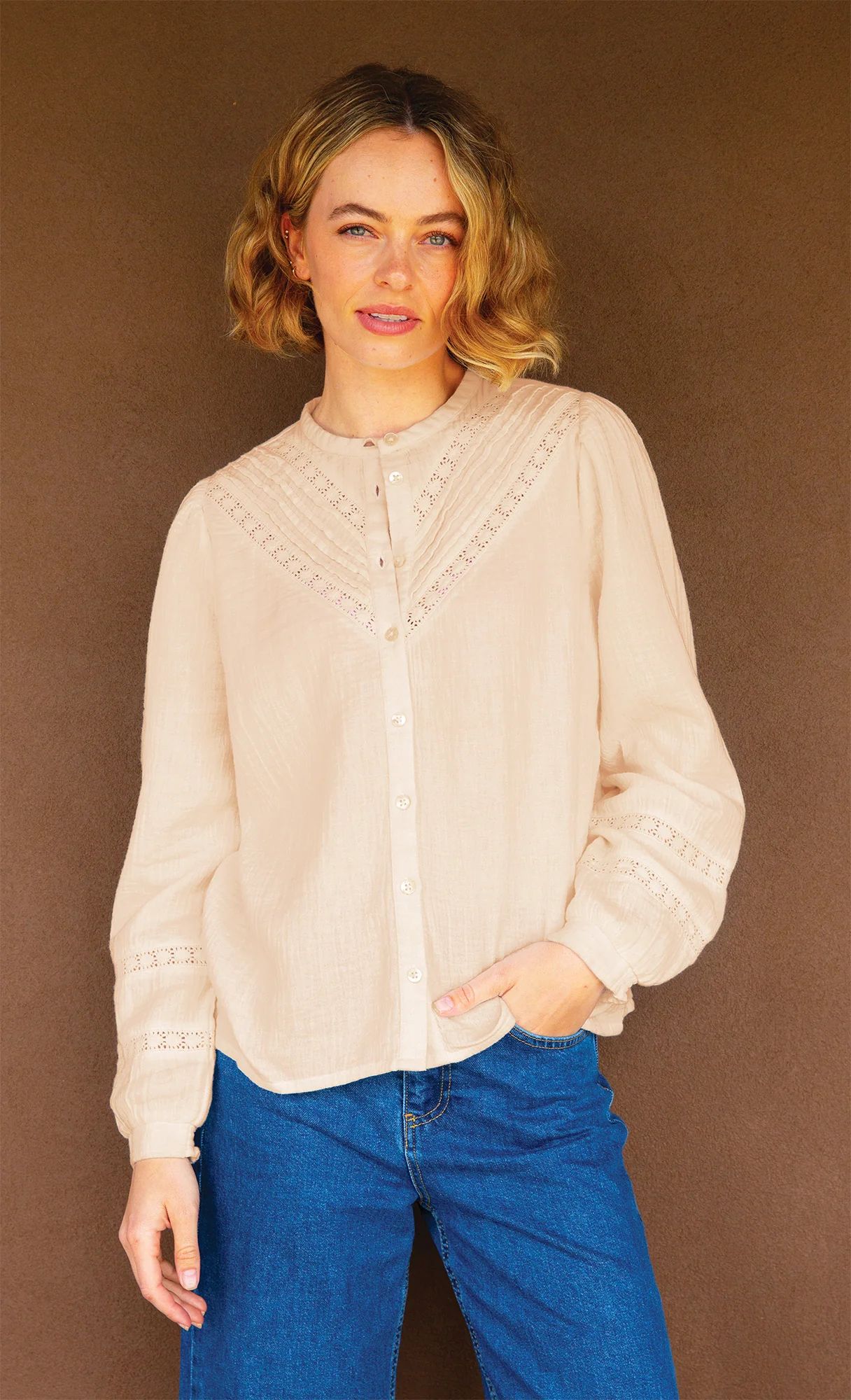Chevron Lace Organic Cotton Cheesecloth Shirt | Ecru - Image 5