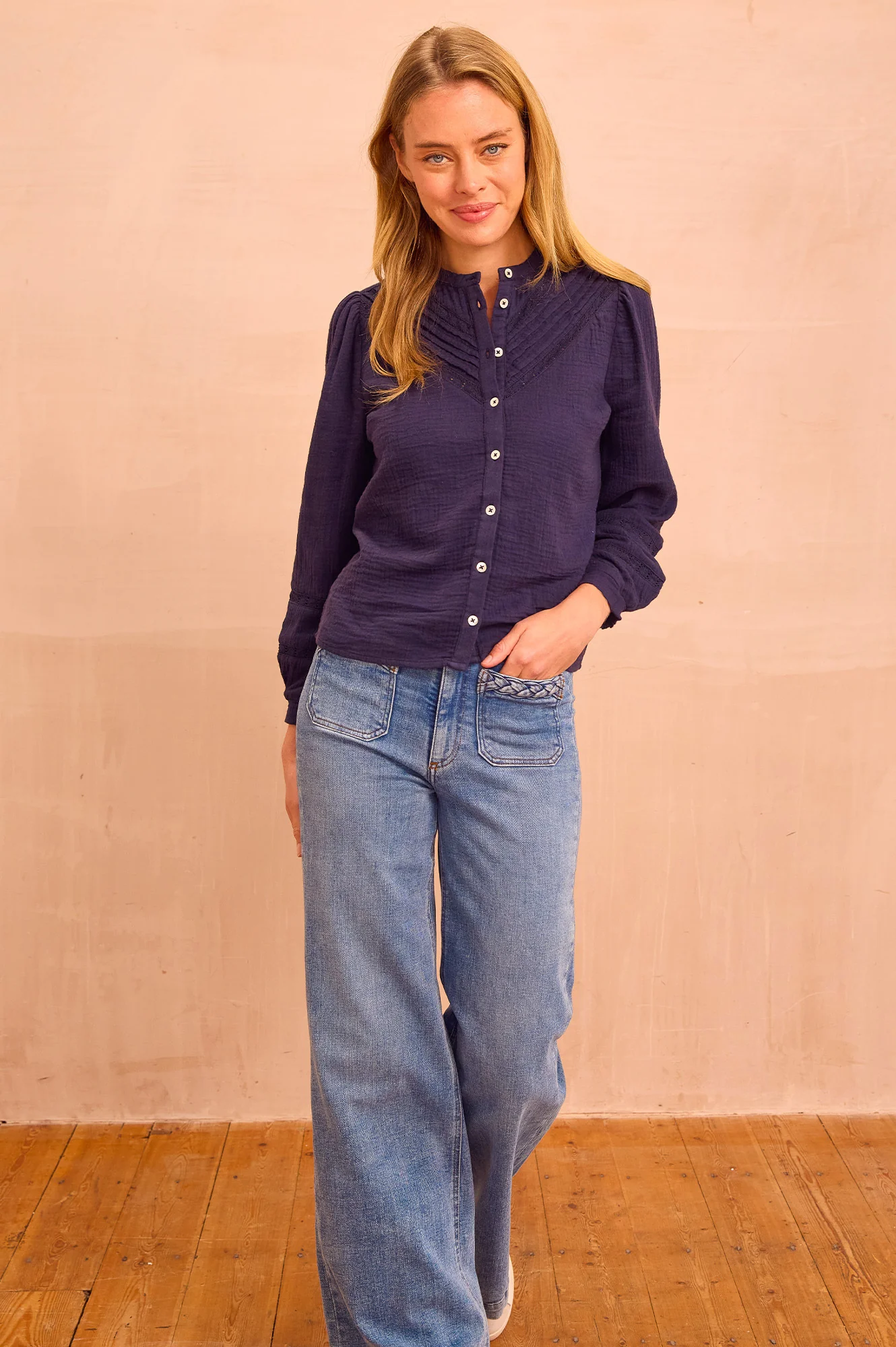 Chevron Lace Organic Cotton Cheesecloth Shirt | Navy - Image 3