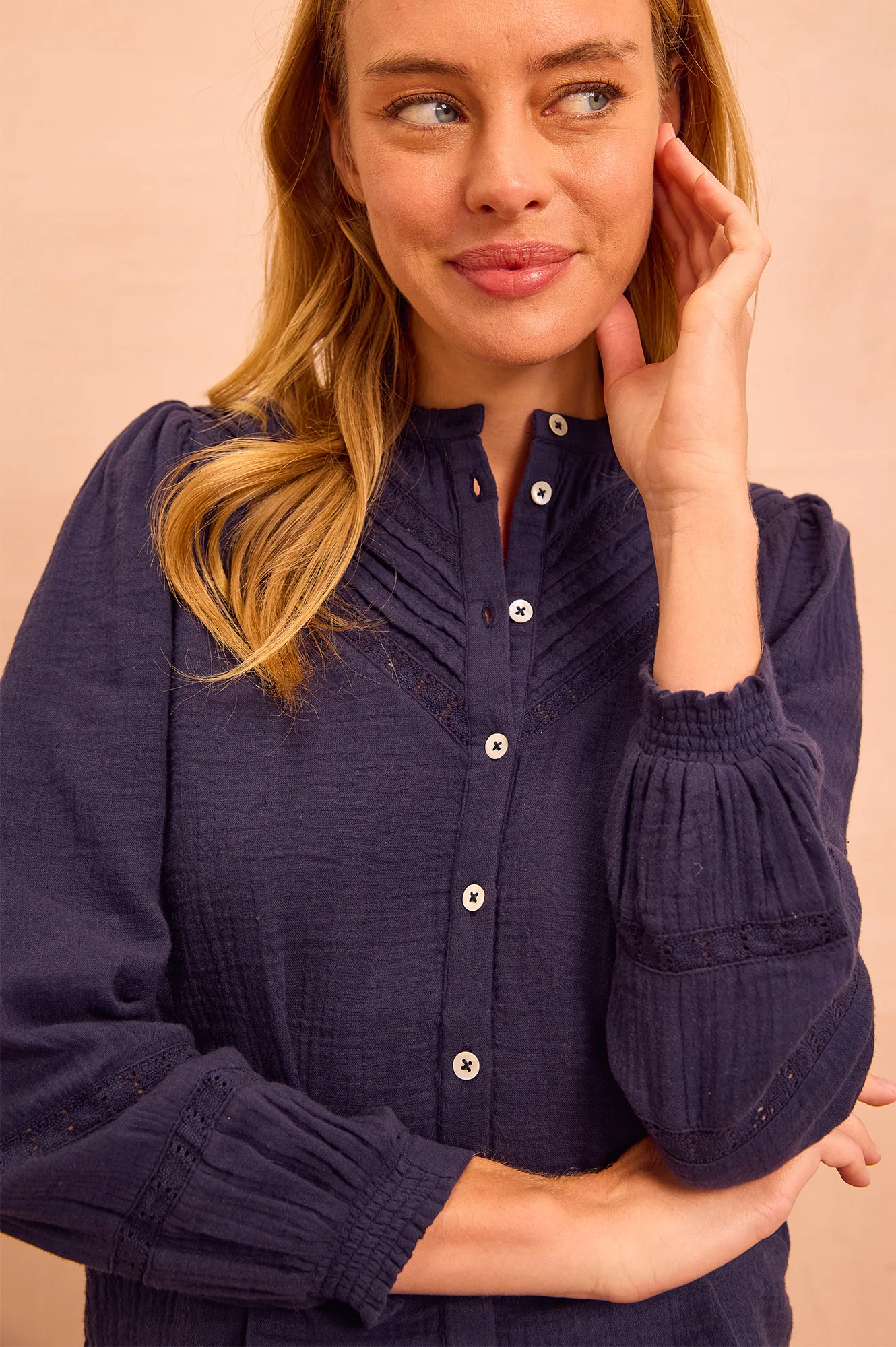 Chevron Lace Organic Cotton Cheesecloth Shirt | Navy - Image 4