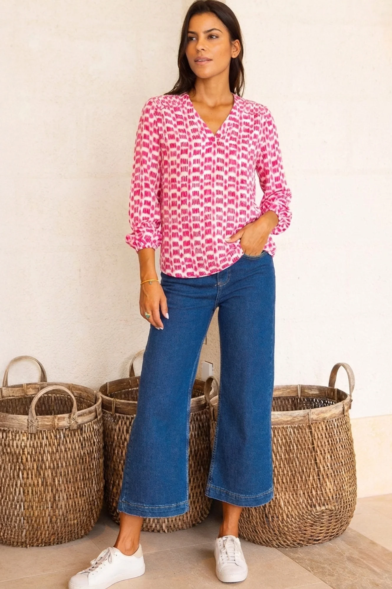 Clea Viscose Crinkle Blouse | Ikat White/Pink - Image 3