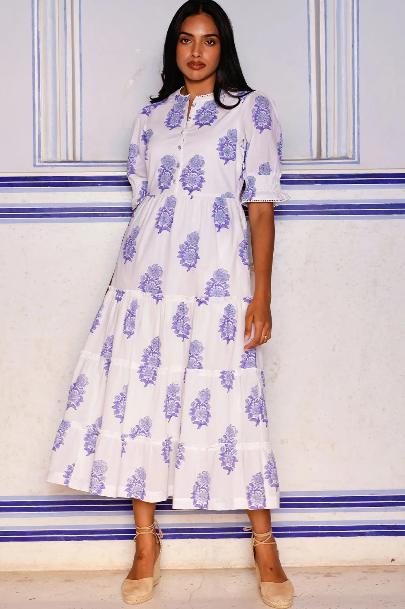 Cordelia Organic Cotton Block Print Dress | Pansy Buta White/Blue - Image 5