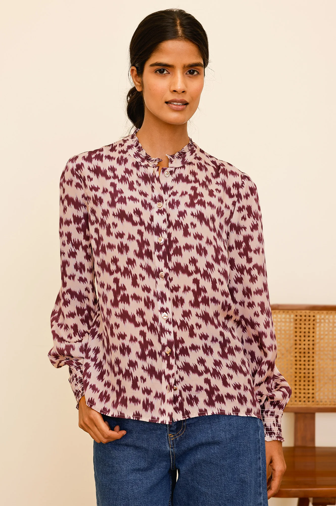 Cosima Viscose Crepe Printed Shirt | Animal Ikat Fig - Image 5