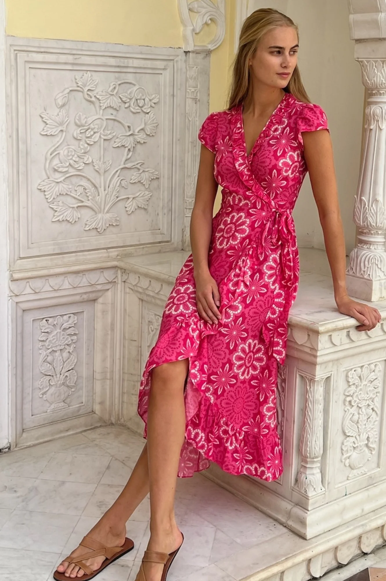 Demi EcoVero™ Wrap Dress | Lace floral Pink/White - Image 5
