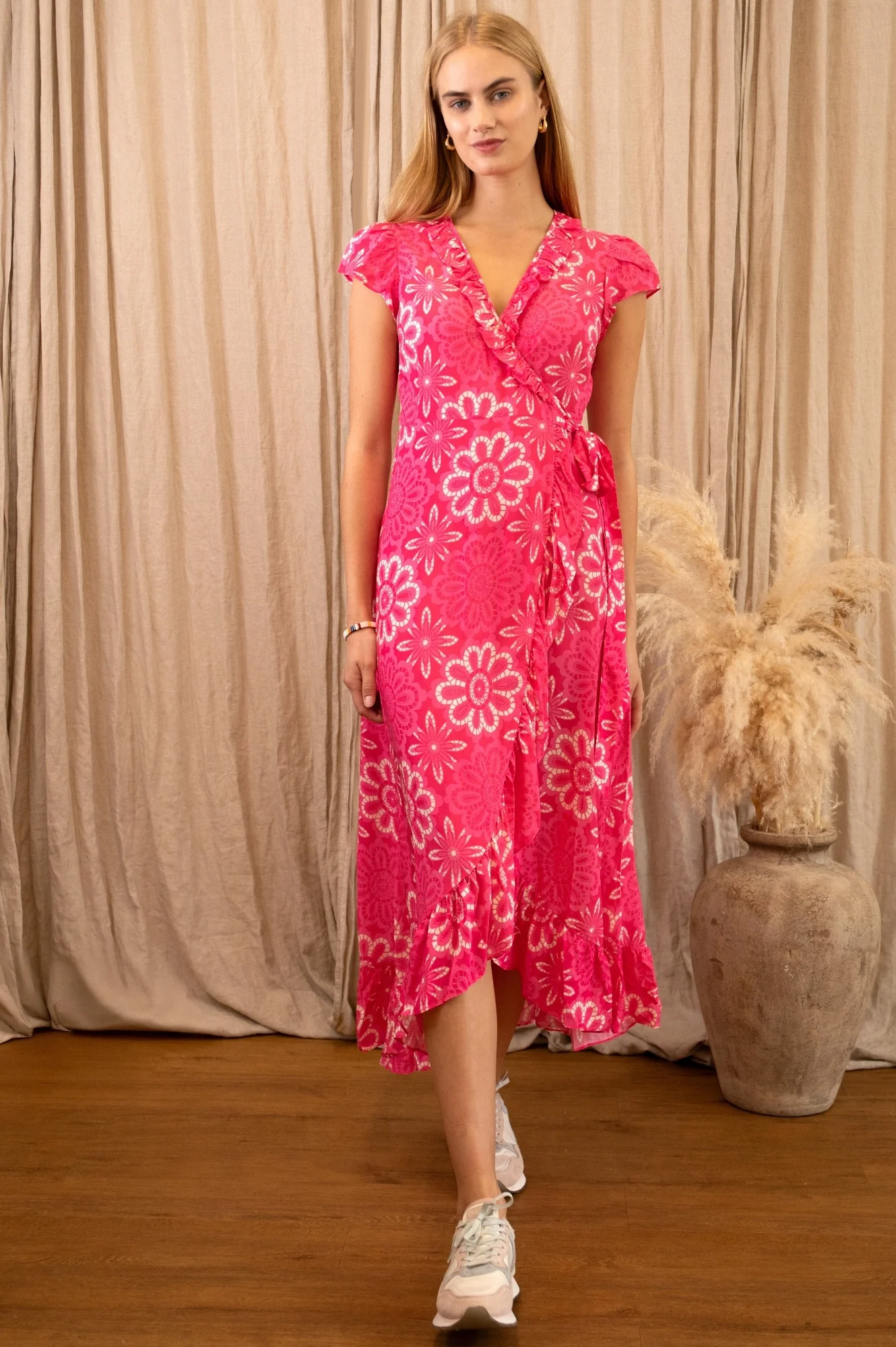 Demi EcoVero™ Wrap Dress | Lace floral Pink/White - Image 7