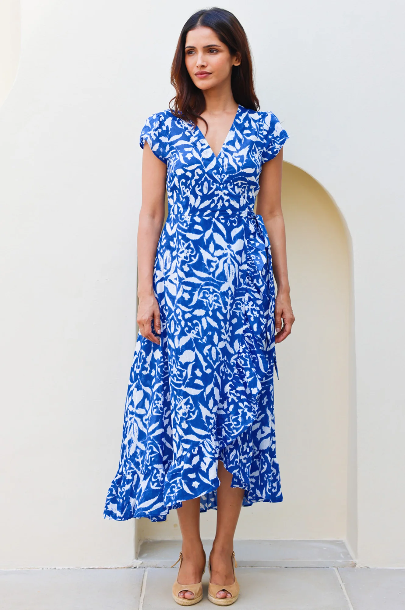Demi Organic Cotton Wrap Dress | Cobalt/White - Image 3