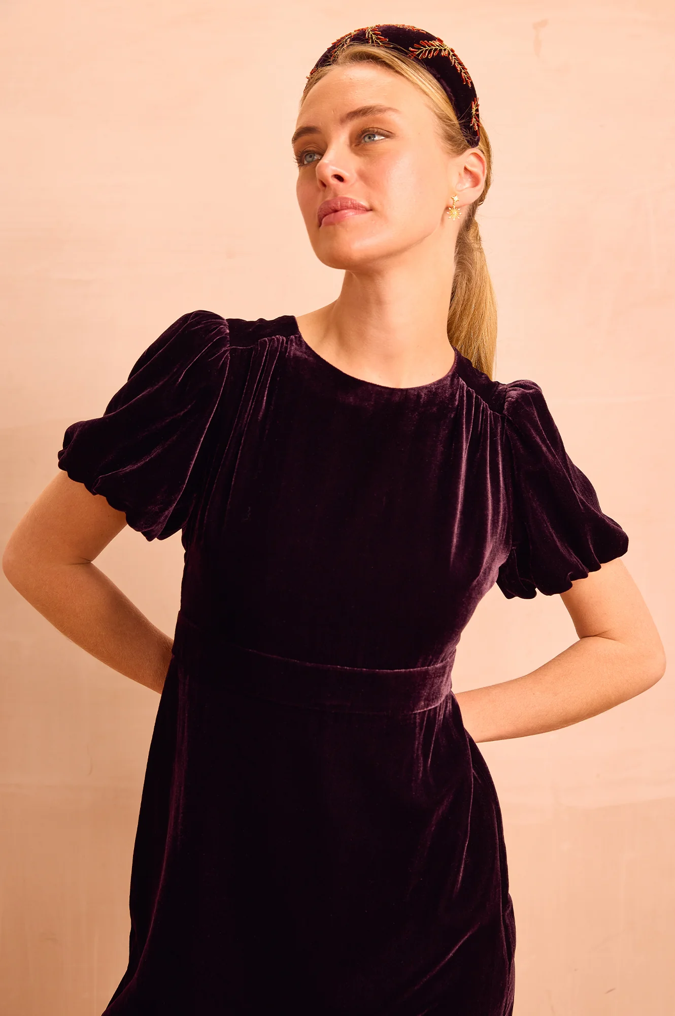 Dulcie Velvet Puff Sleeve Dress | Aubergine - Image 3