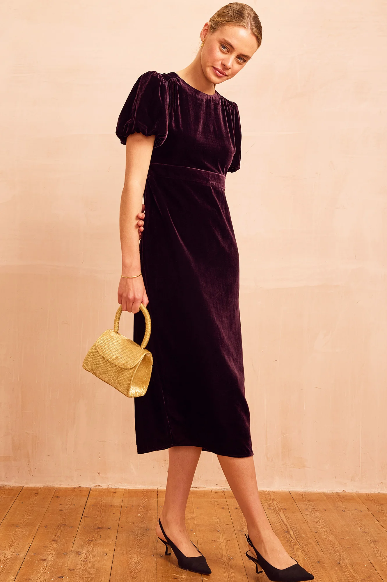 Dulcie Velvet Puff Sleeve Dress | Aubergine - Image 4