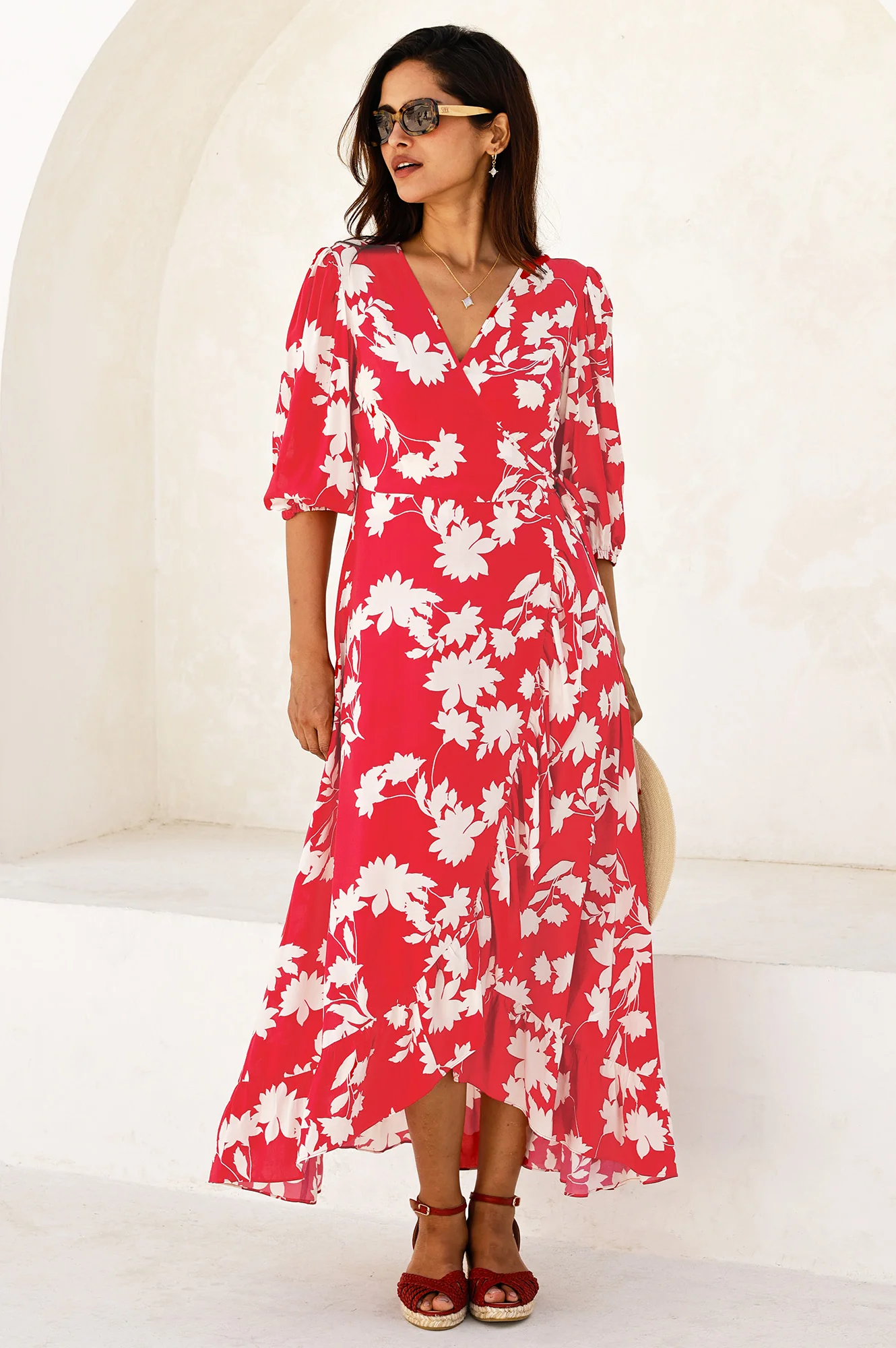 Ella EcoVero™ 3/4 Length Sleeve Wrap Dress | Red/Cream