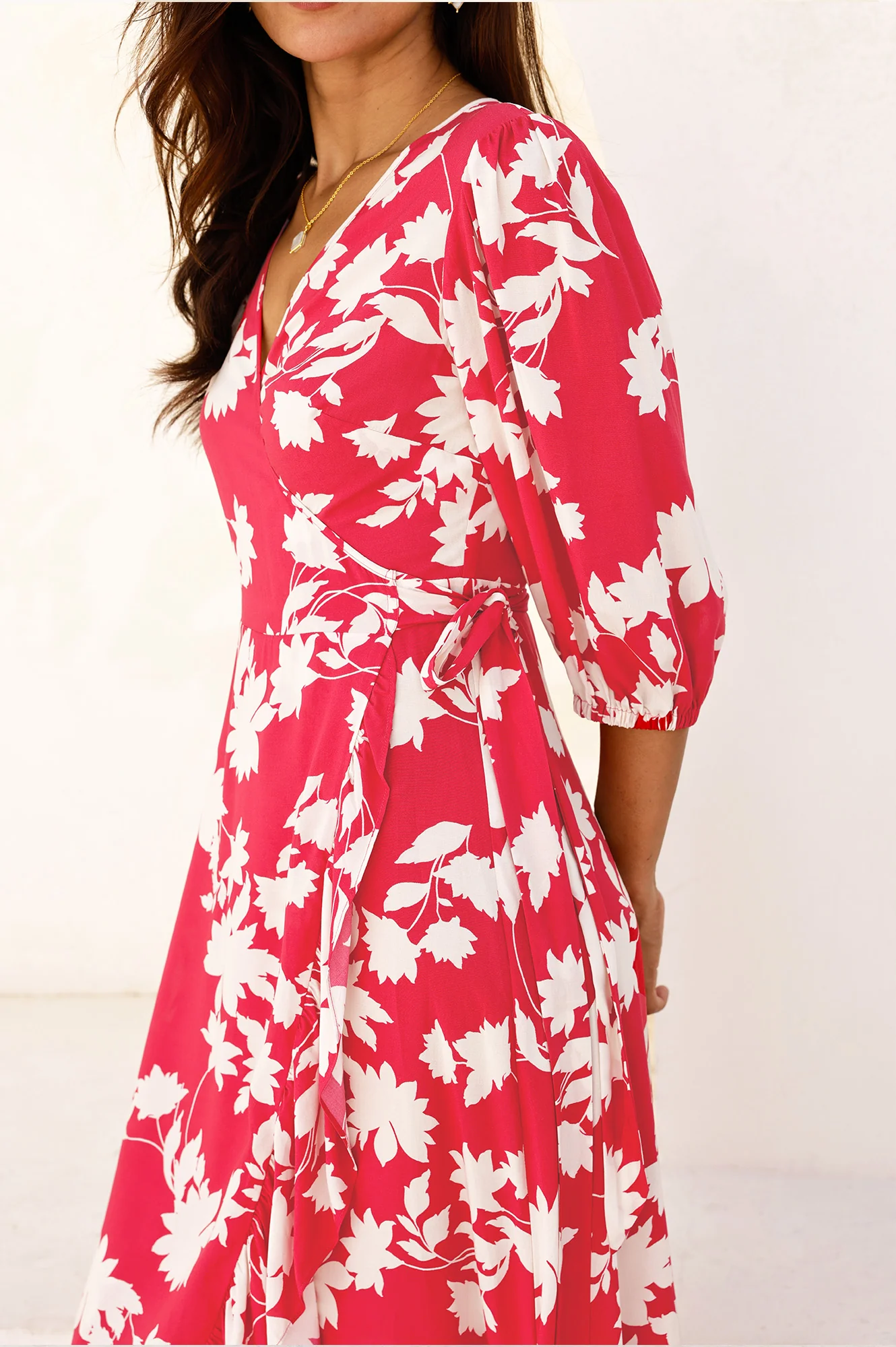 Ella EcoVero™ 3/4 Length Sleeve Wrap Dress | Red/Cream - Image 2