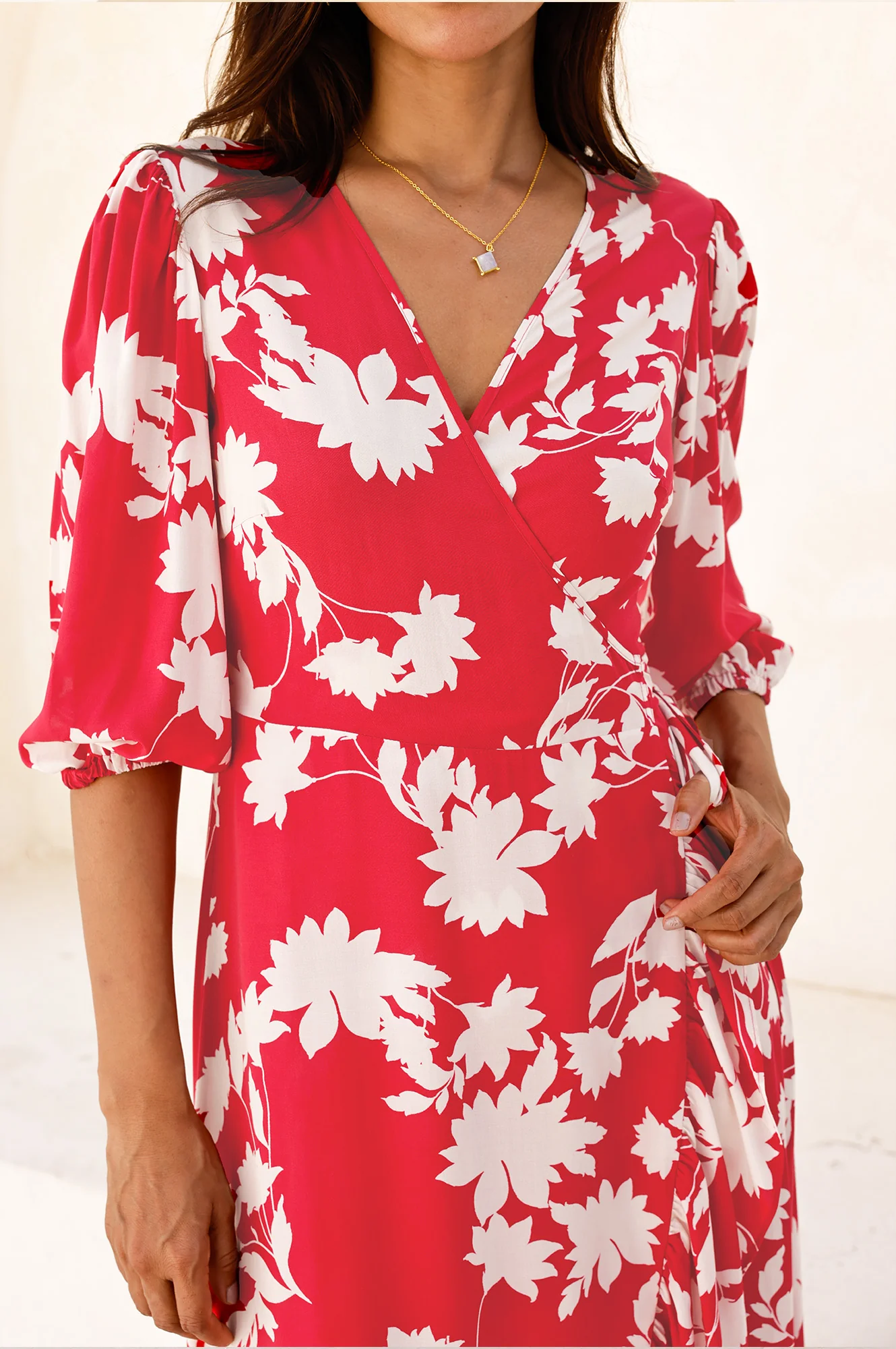 Ella EcoVero™ 3/4 Length Sleeve Wrap Dress | Red/Cream - Image 4