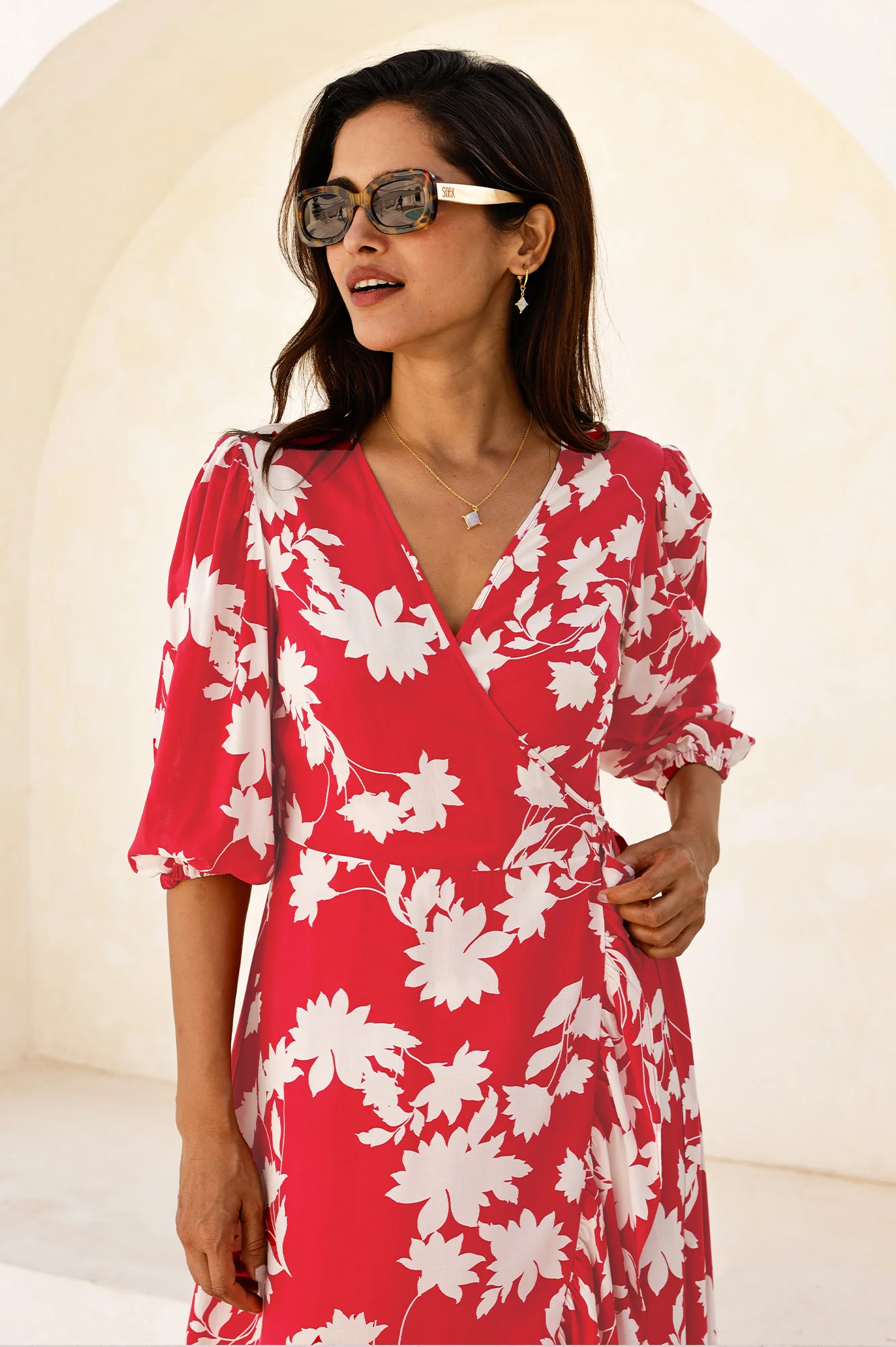 Ella EcoVero™ 3/4 Length Sleeve Wrap Dress | Red/Cream - Image 6