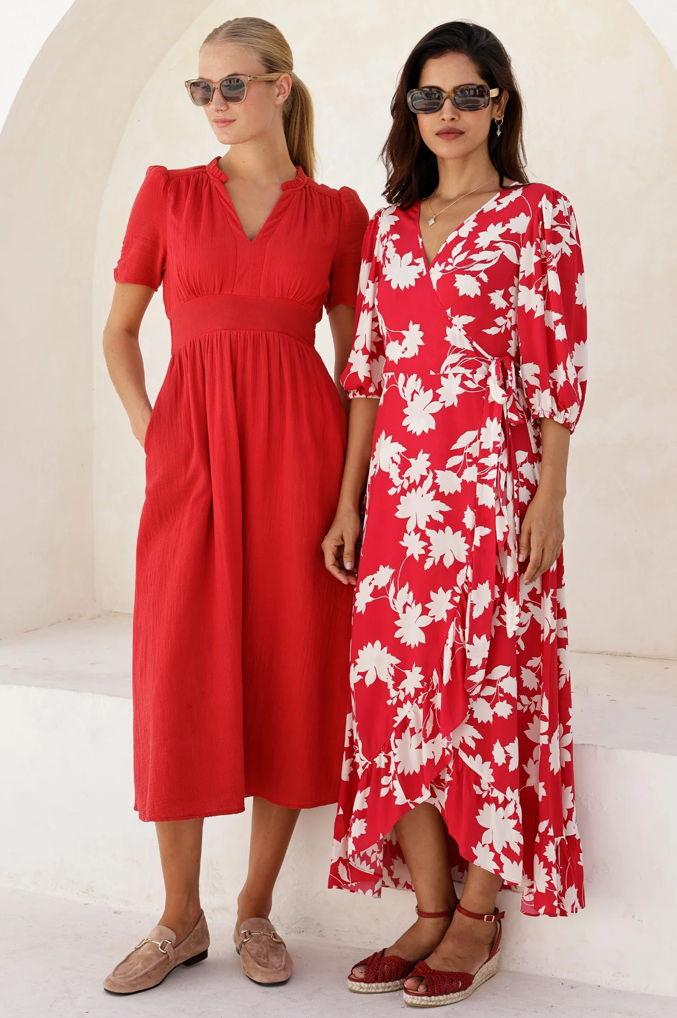 Ella EcoVero™ 3/4 Length Sleeve Wrap Dress | Red/Cream - Image 7