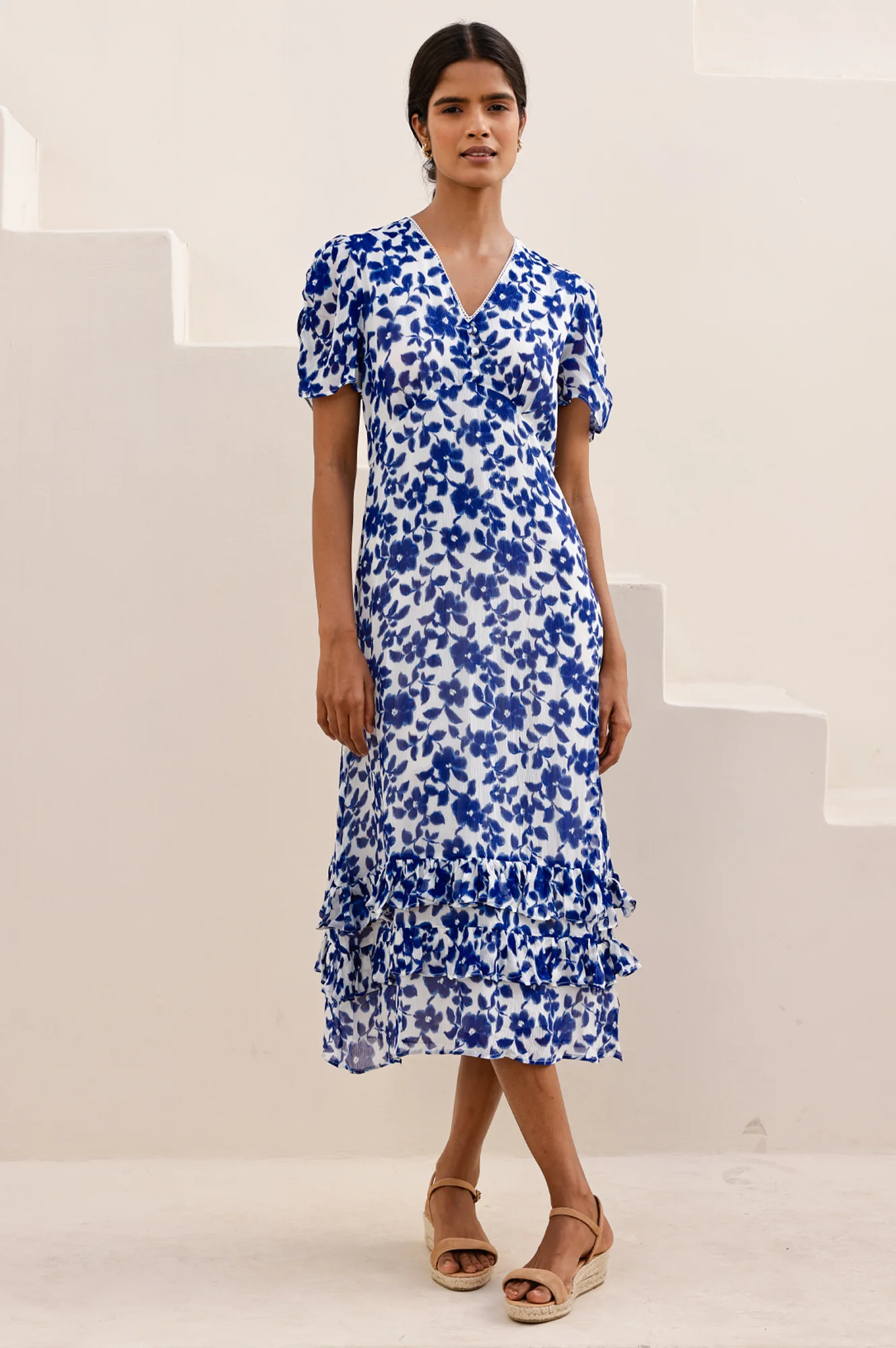 Ellery Viscose Wedding Guest Dress | Blossom Cream/Navy - Image 3