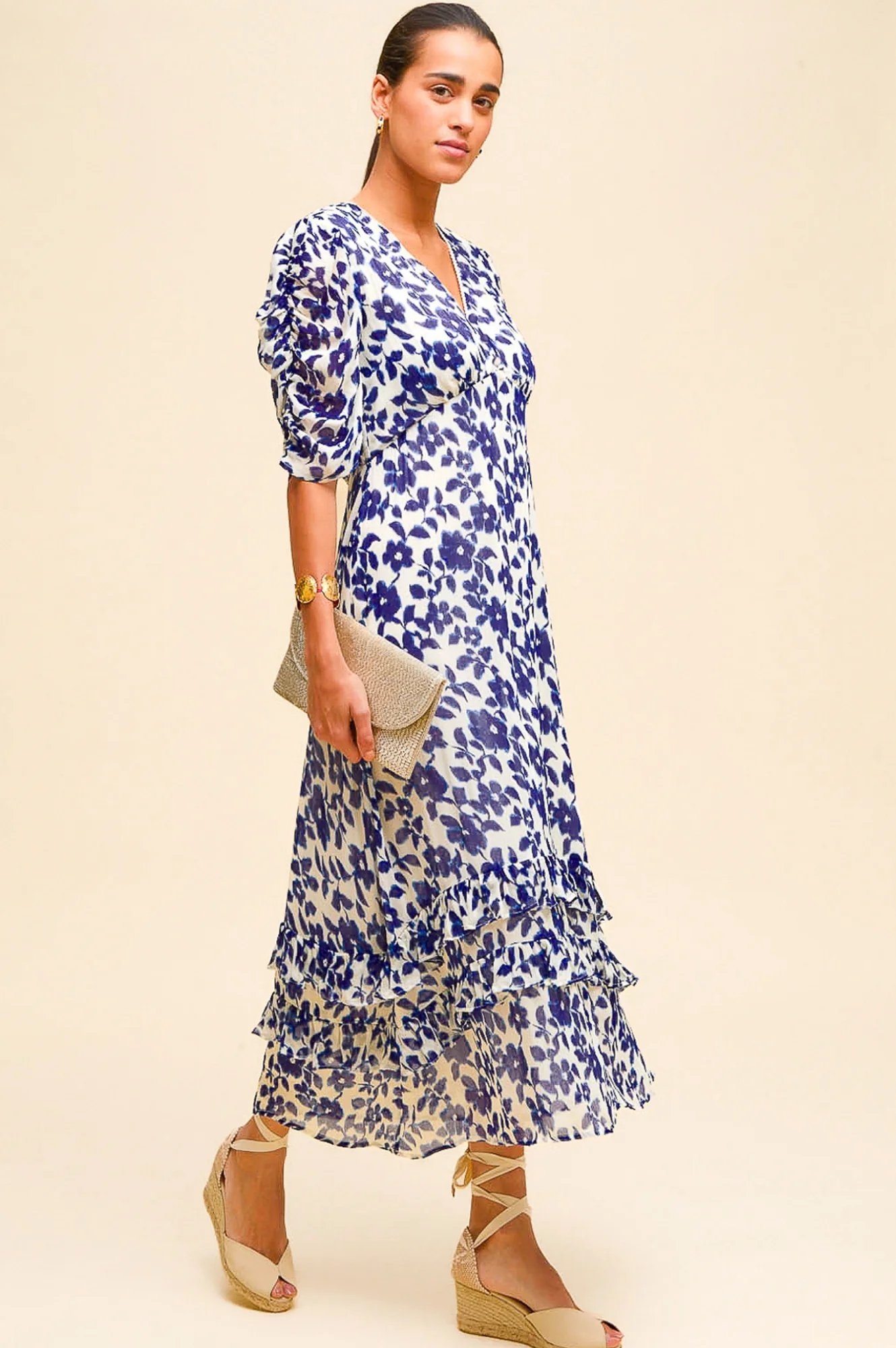 Ellery Viscose Wedding Guest Dress | Blossom Cream/Navy - Image 5