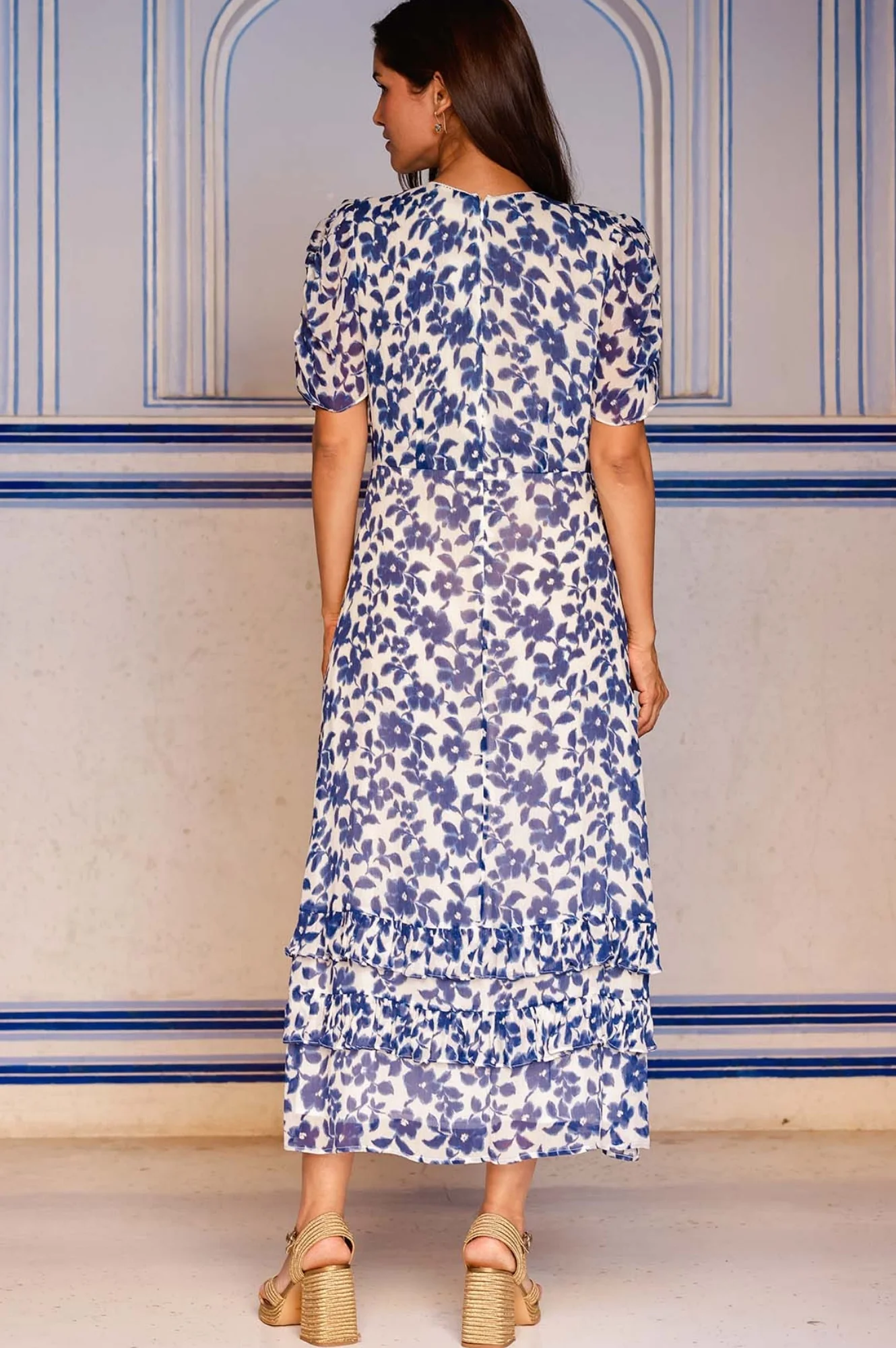 Ellery Viscose Wedding Guest Dress | Blossom Cream/Navy - Image 8