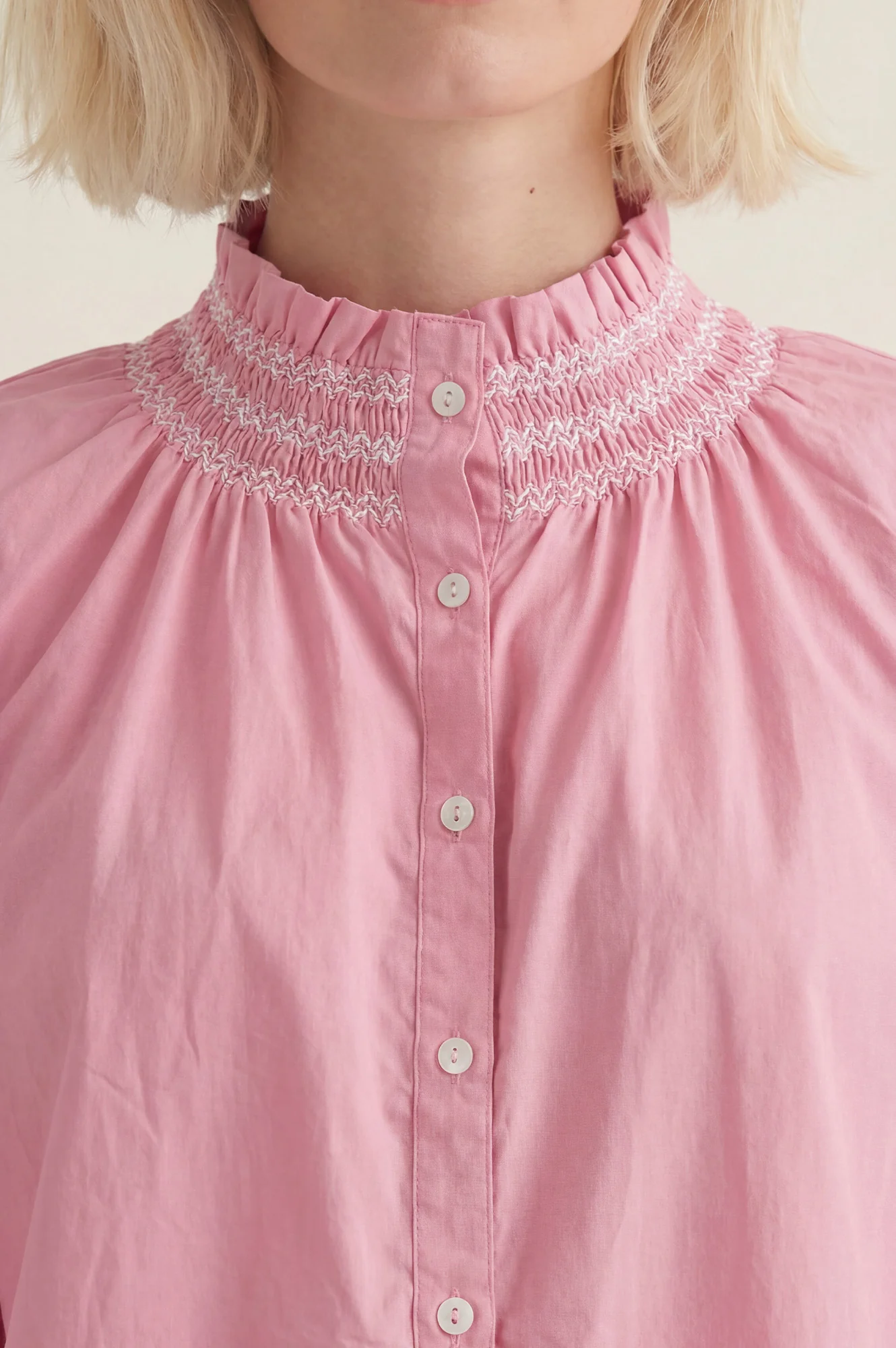 Embroidered Smocked Blouse | Pink/White - Image 2