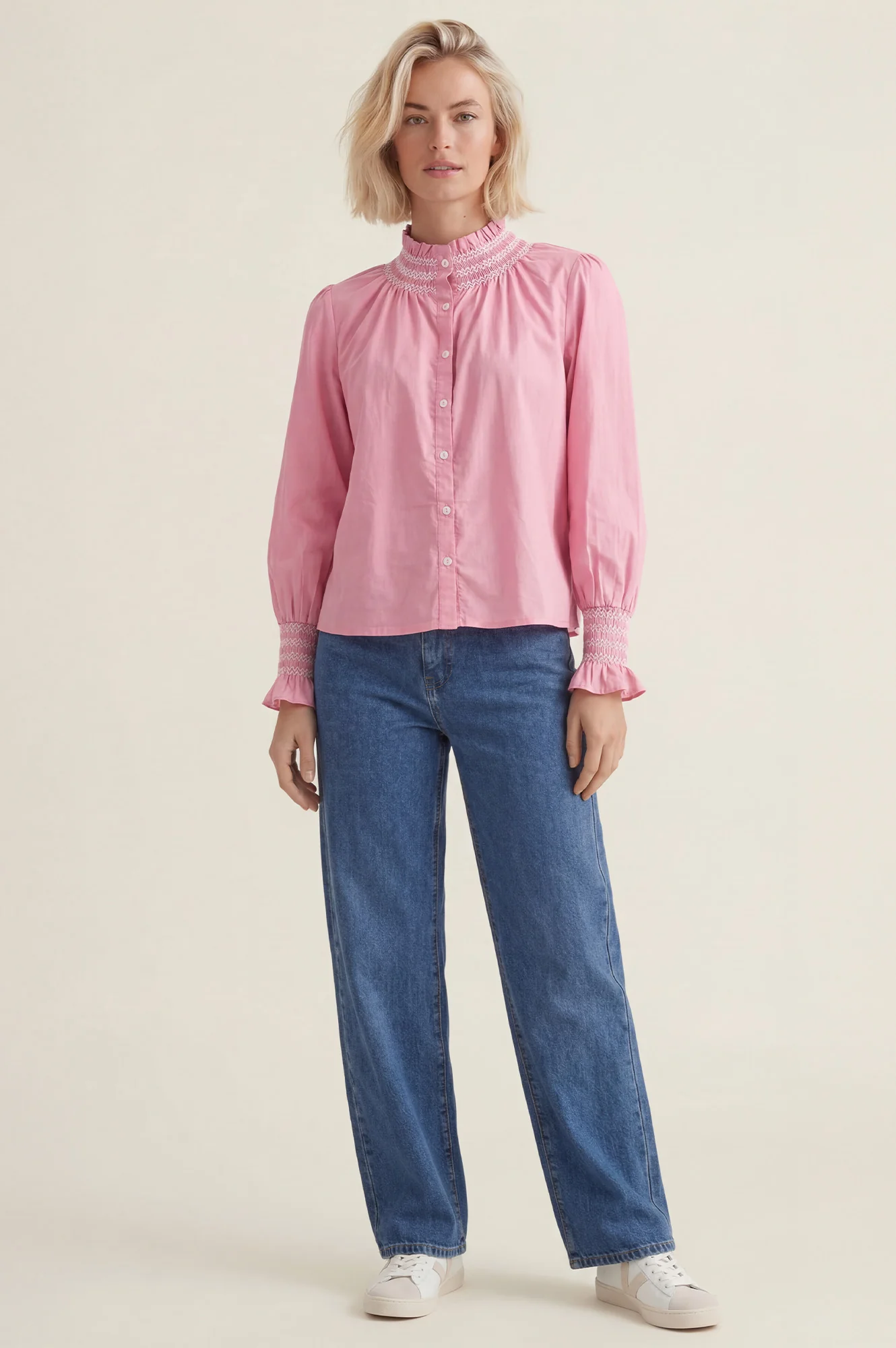 Embroidered Smocked Blouse | Pink/White - Image 3