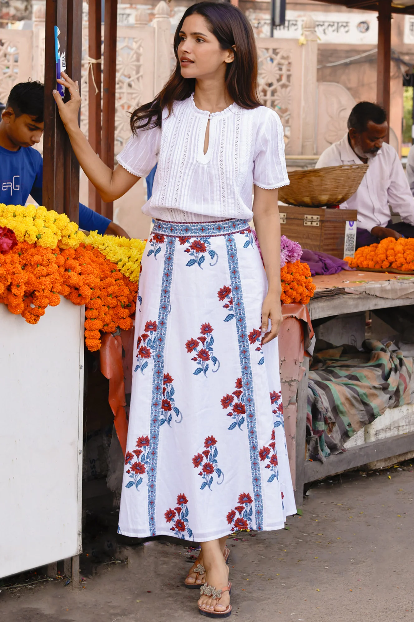 Florrie Block Print Organic Cotton Skirt | Buta Teal/Red - Image 2