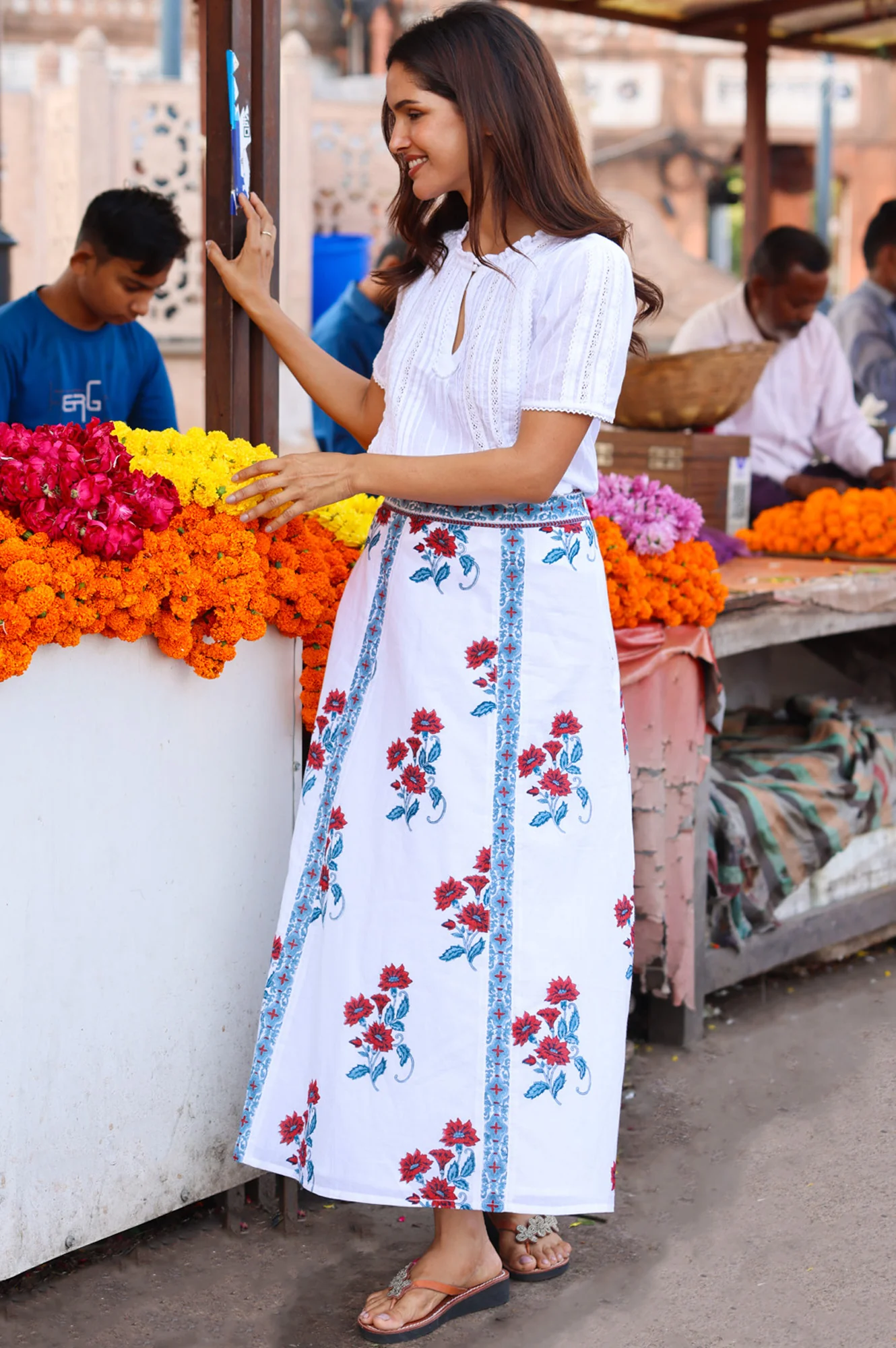 Florrie Block Print Organic Cotton Skirt | Buta Teal/Red - Image 3