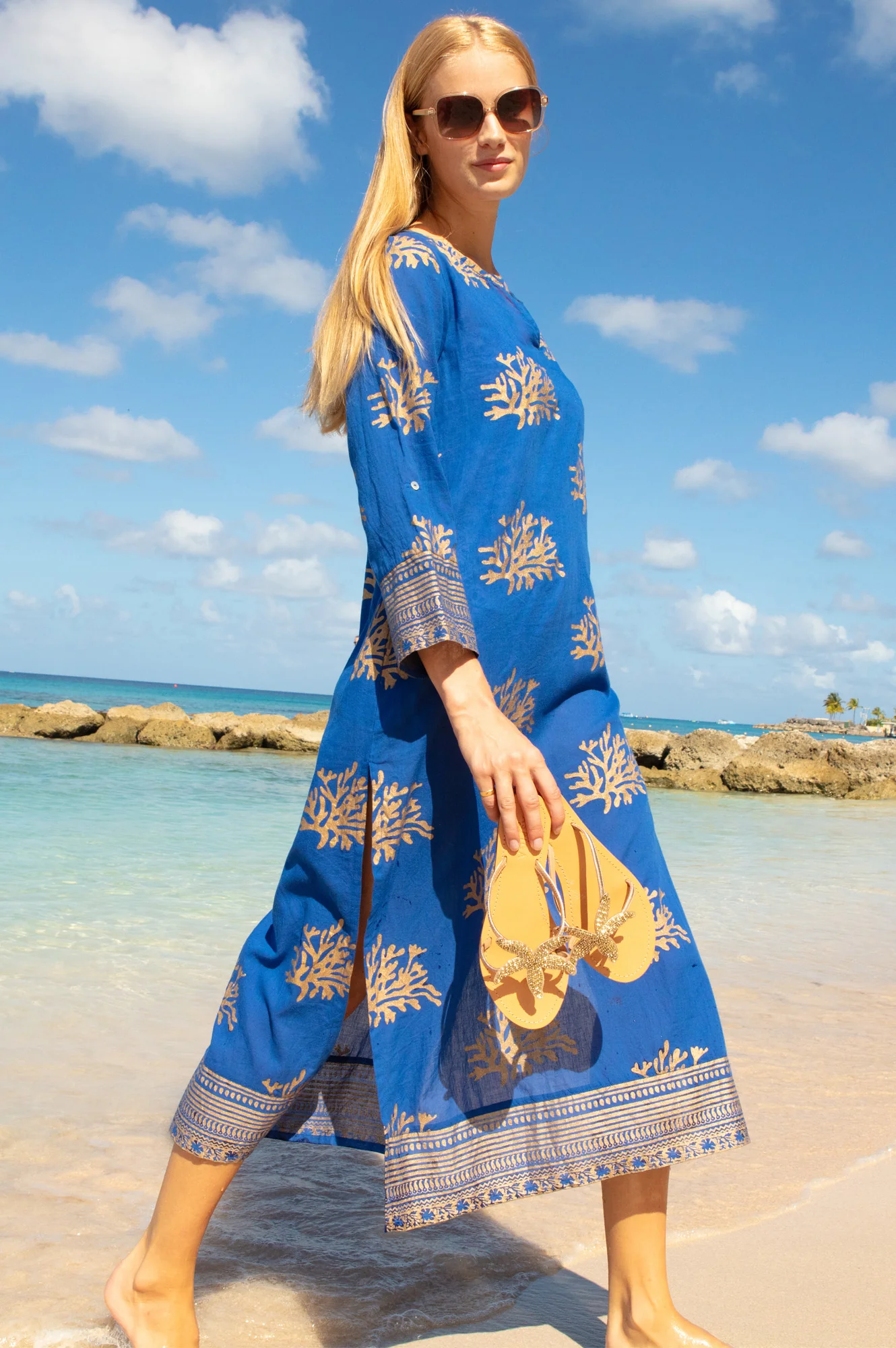 Guadalupe Maxi Organic Cotton Tunic | Cobalt/Gold - Image 3