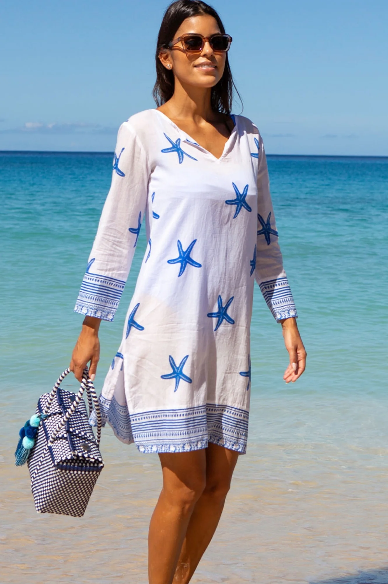 Guadalupe Short Organic Cotton Tunic | Starfish White/Cobalt - Image 4