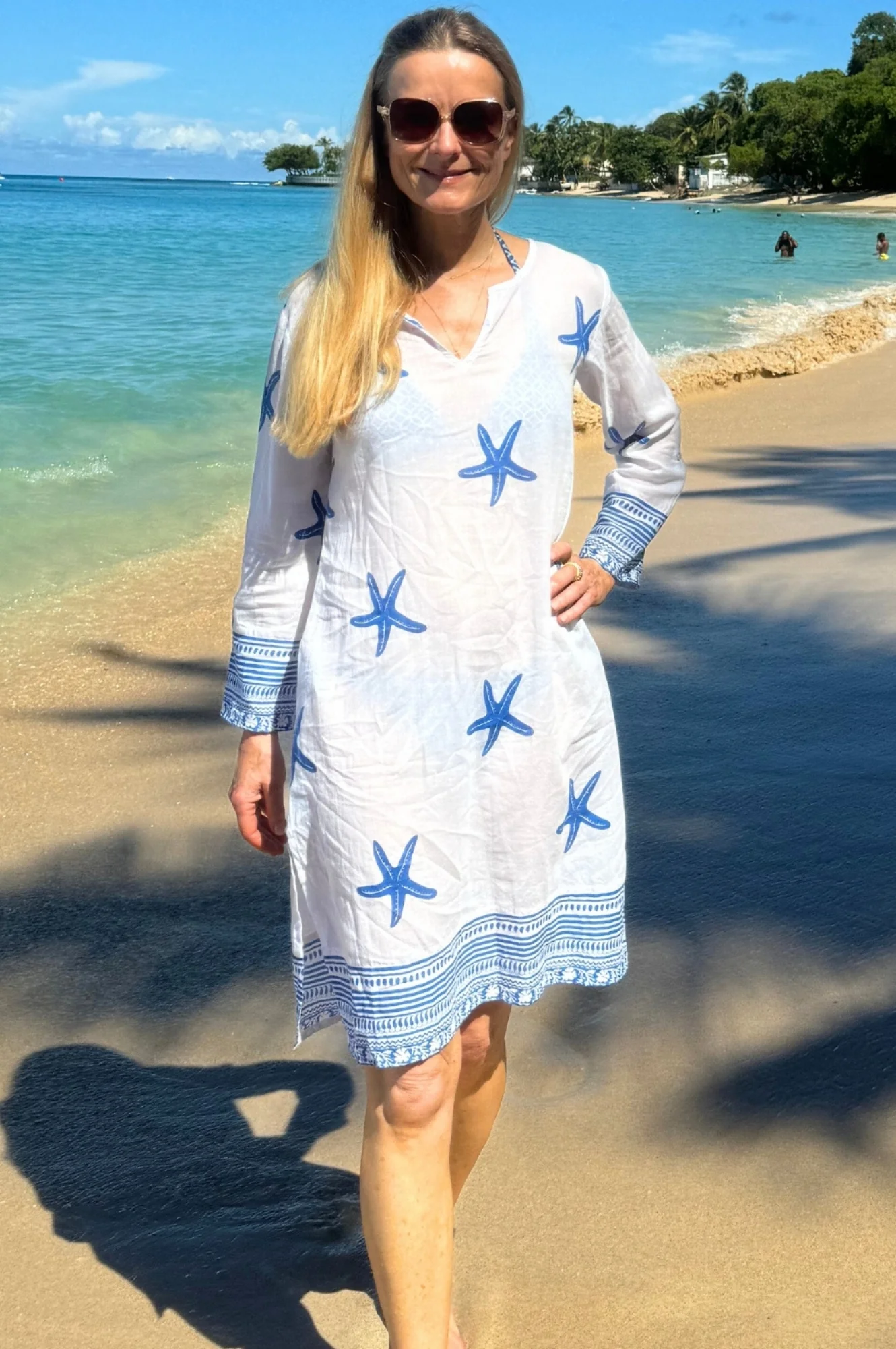 Guadalupe Short Organic Cotton Tunic | Starfish White/Cobalt - Image 5