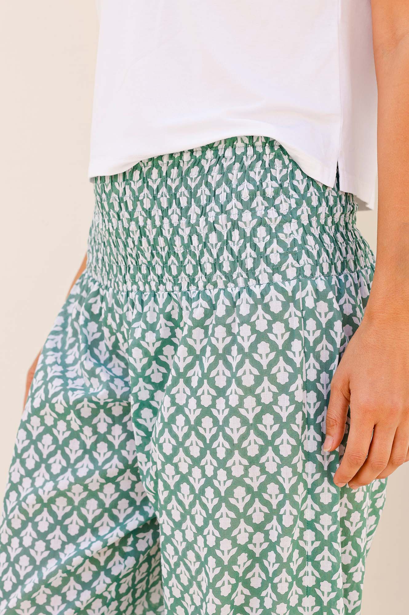 Harem Organic Cotton Trousers | Flower Stamp Sage/White - Image 2