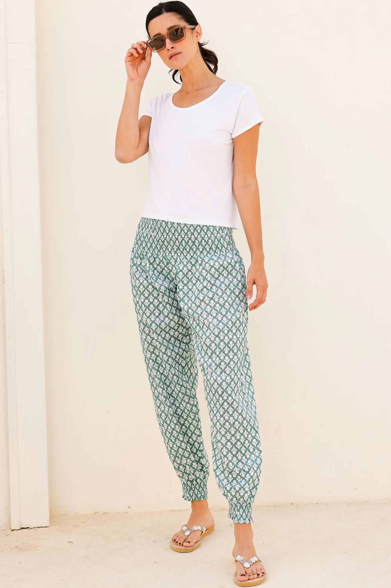 Harem Organic Cotton Trousers | Flower Stamp Sage/White - Image 4