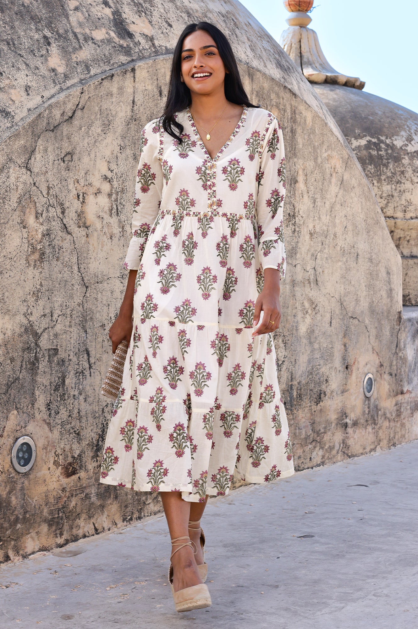 Hayden Organic Cotton Block Print Dress | Antique Wildflower Cream/Red/Green - Image 3