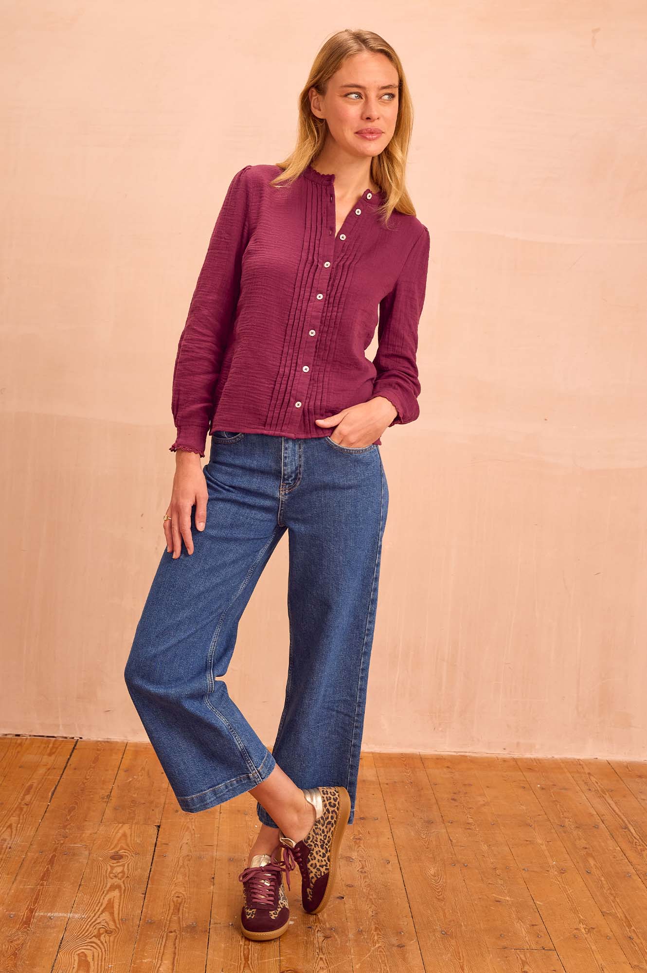Holly Pin Tuck Organic Cotton Cheesecloth Long Sleeve Blouse | Berry - Image 3