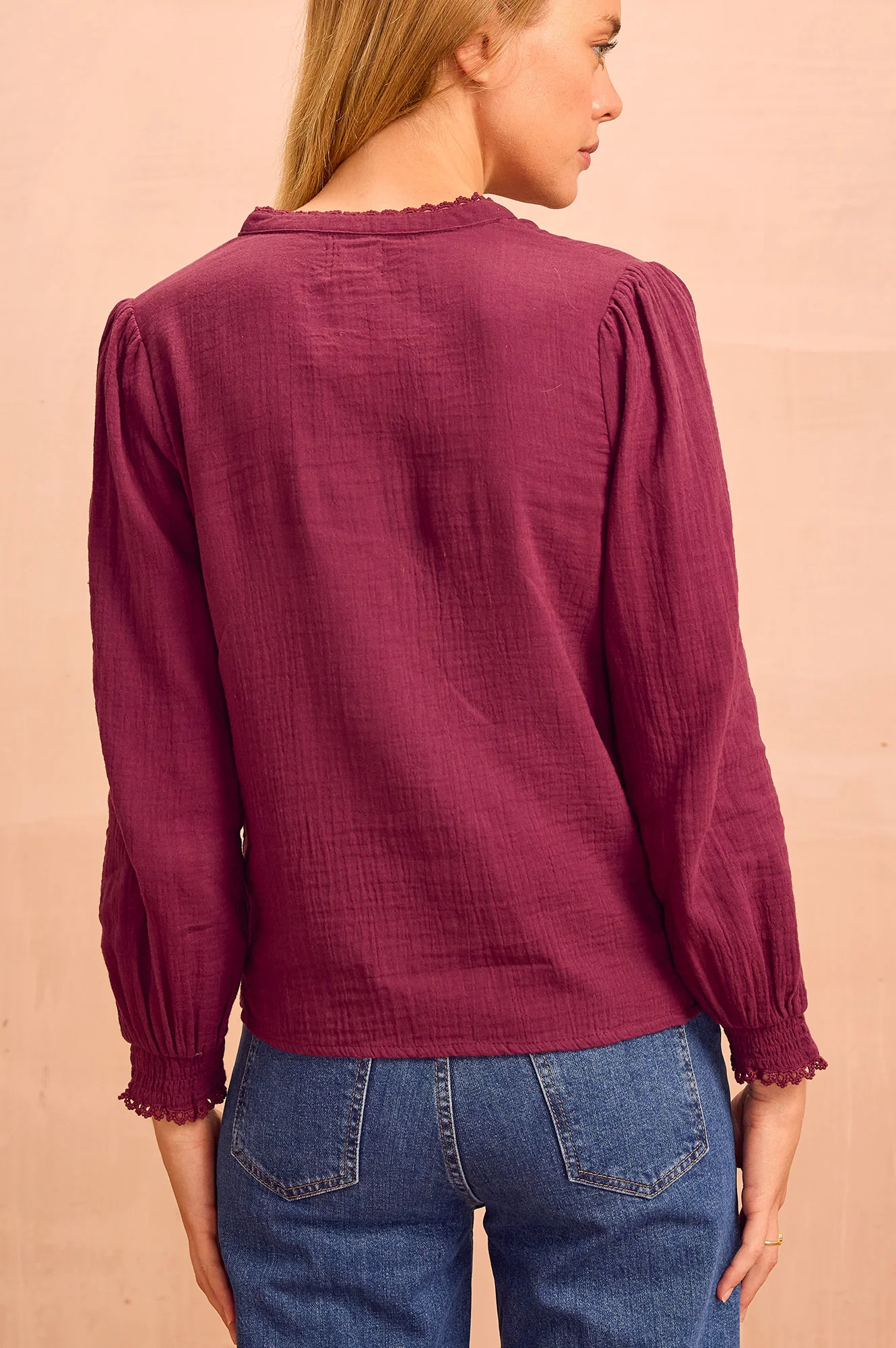 Holly Pin Tuck Organic Cotton Cheesecloth Long Sleeve Blouse | Berry - Image 4