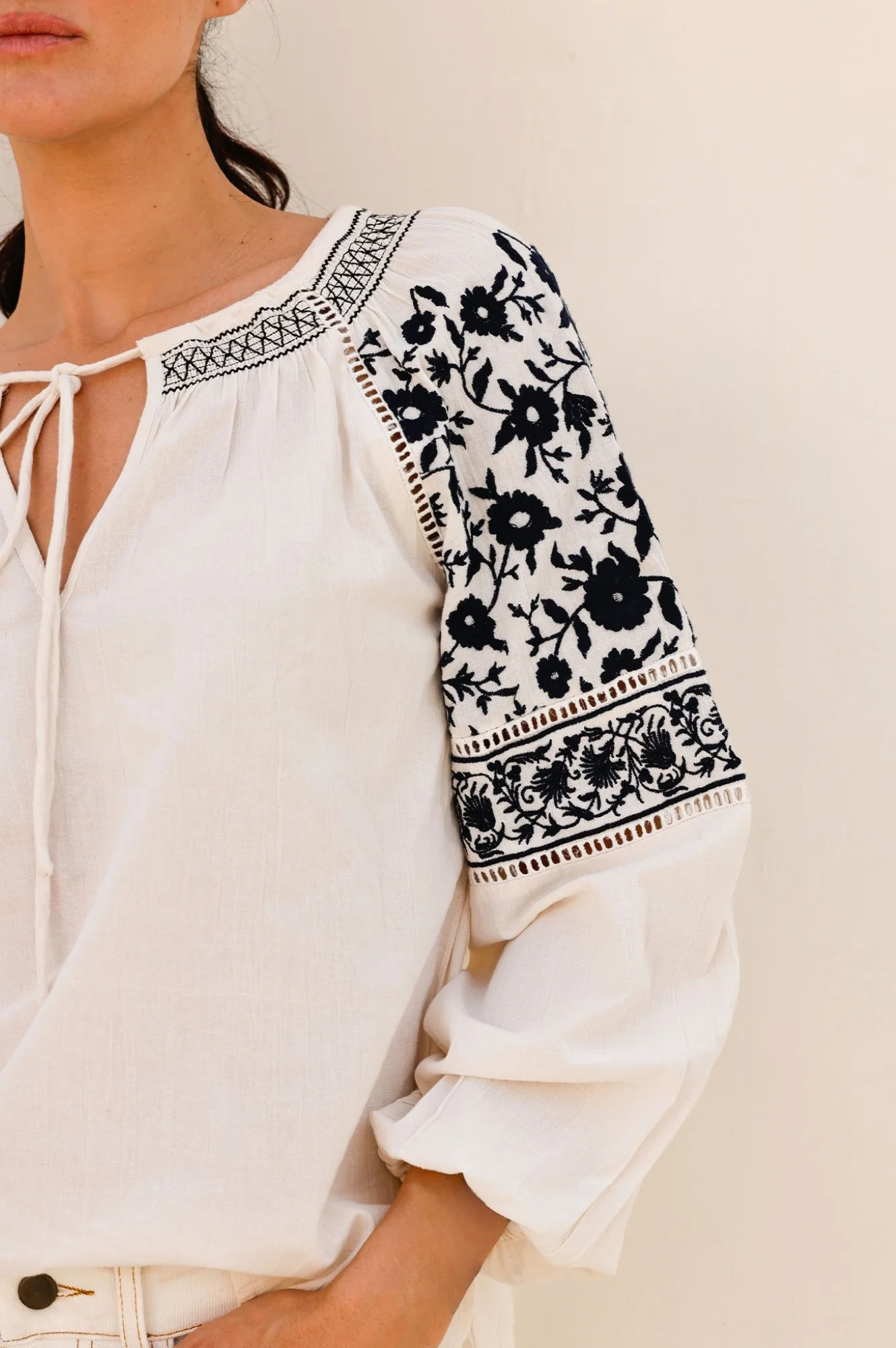 Ida Embroidered Cotton Top | Ecru/Navy Black - Image 2