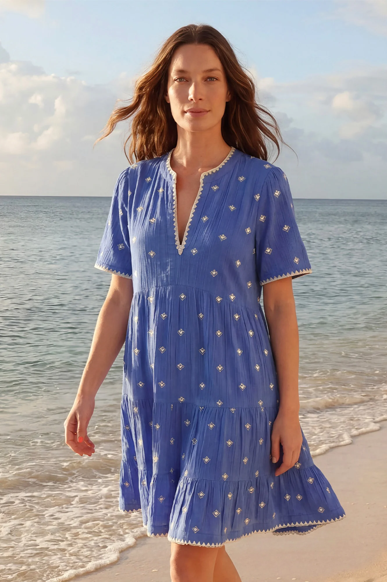 India Embroidered Organic Cotton Dress | Cobalt/White