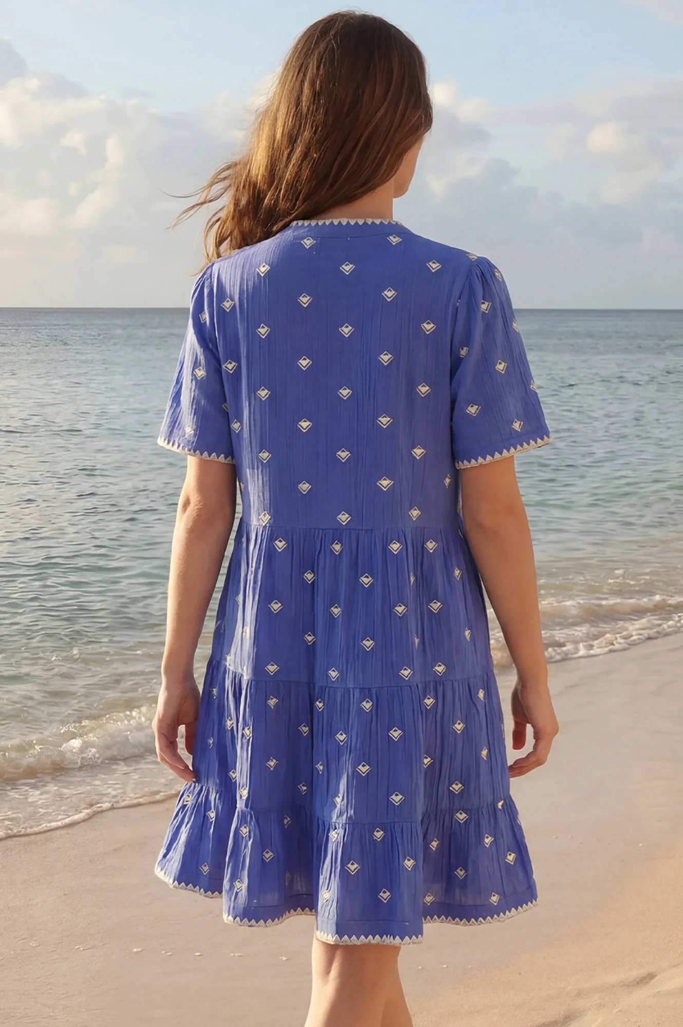 India Embroidered Organic Cotton Dress | Cobalt/White - Image 3