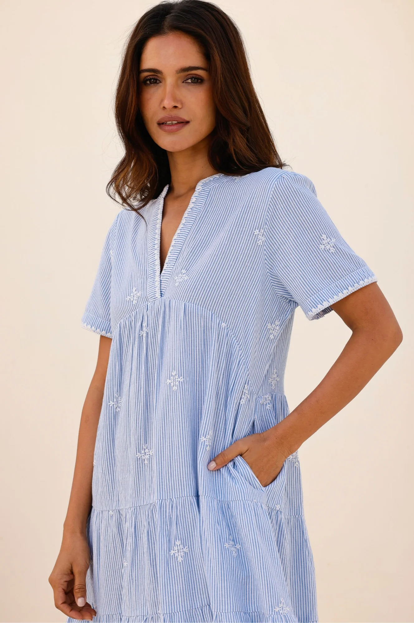 India Embroidered Organic Cotton Dress | Stripe Blue/White - Image 4