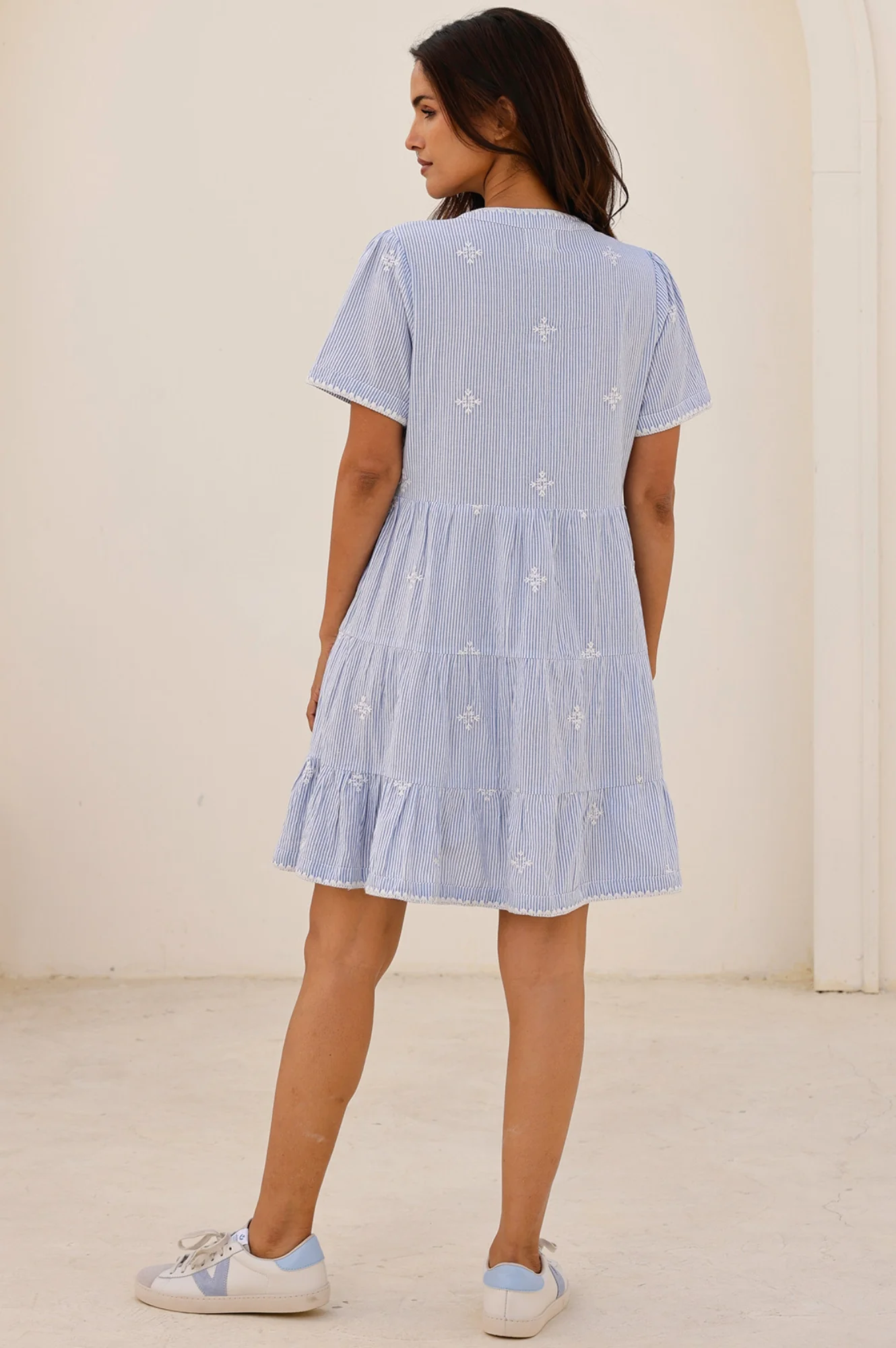 India Embroidered Organic Cotton Dress | Stripe Blue/White - Image 8