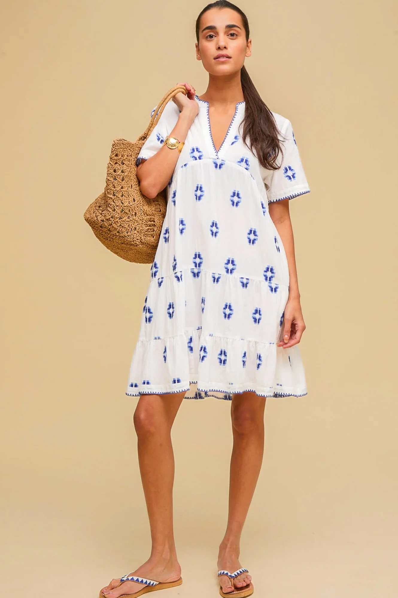 India Embroidered Organic Cotton Dress | White/Blue - Image 5